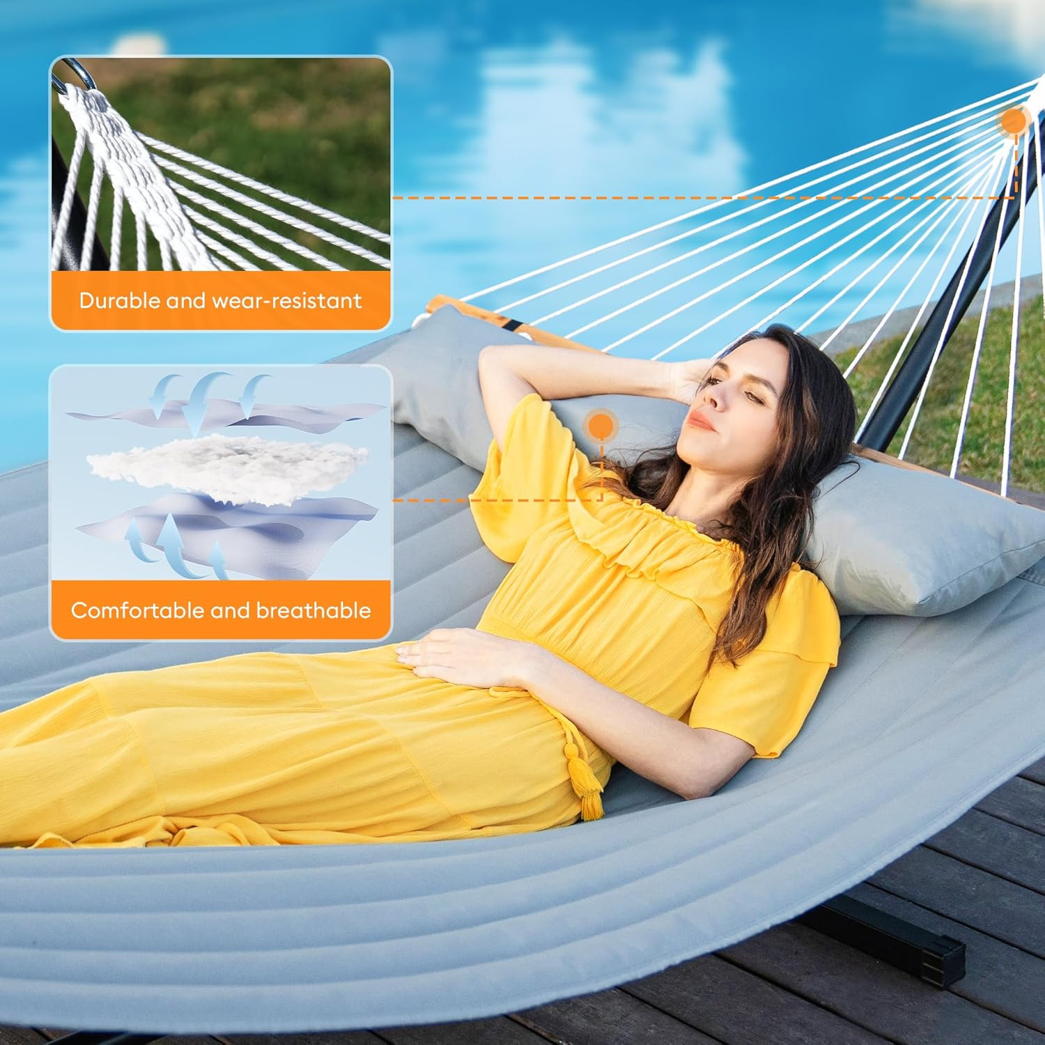 Double Hammock with Spreader Bar,Soft Pillow,Max Load 500Lbs,Portable Hammock fo