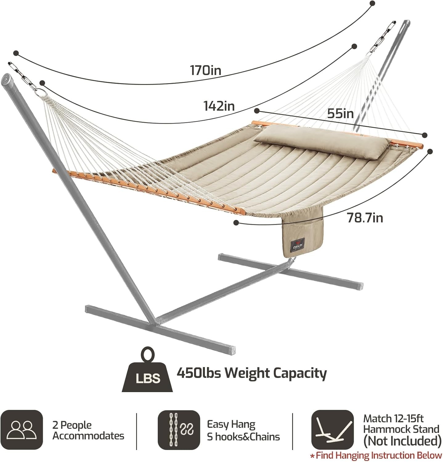 Double Quilted Fabric Hammock with Hardwood Spreader Bars and Pillow 450 LBS Cap