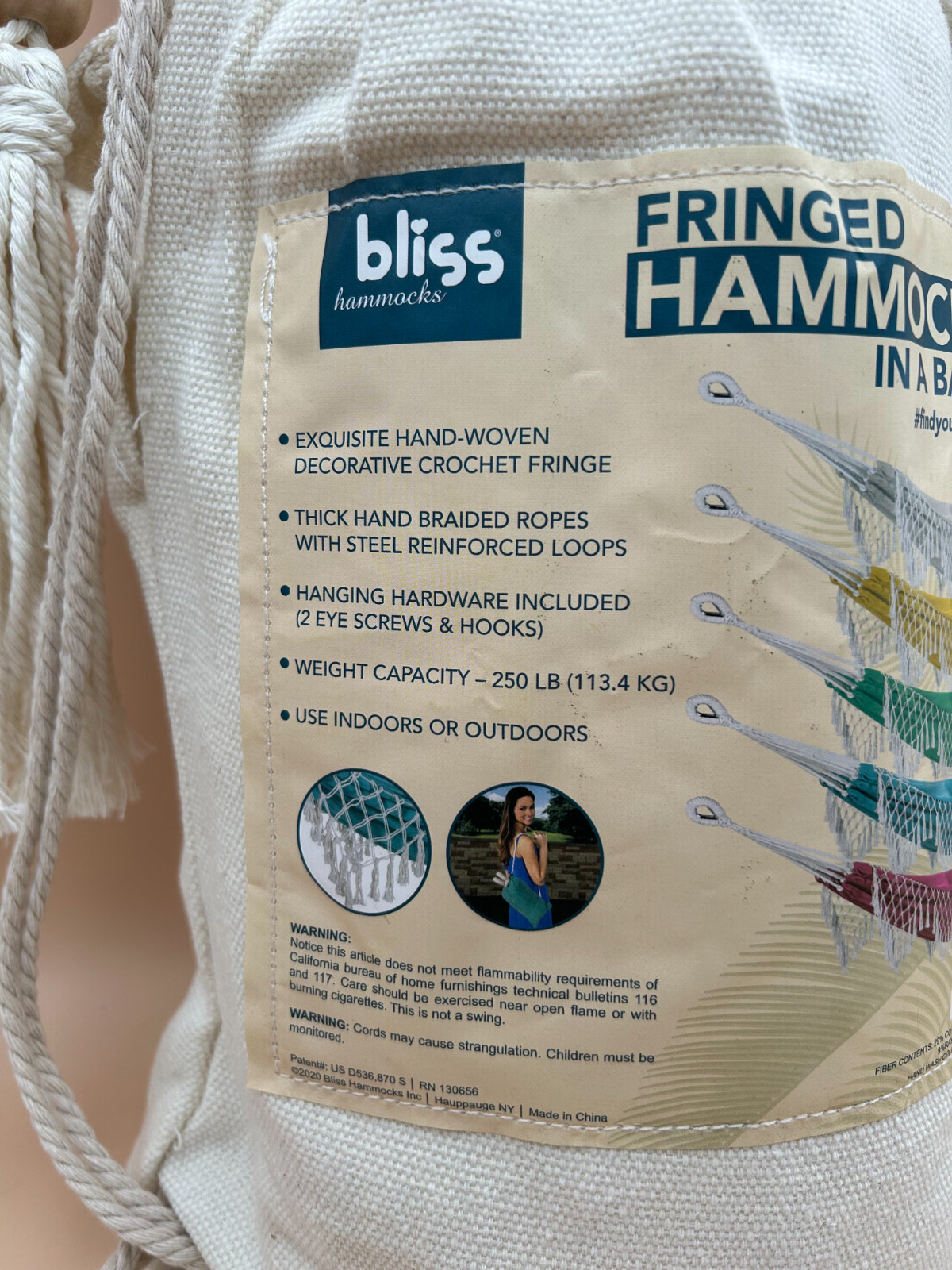 BLISS Hammocks Polyester Hand-Braided Hammock in a Bag Crochet Fringed Cream NIB