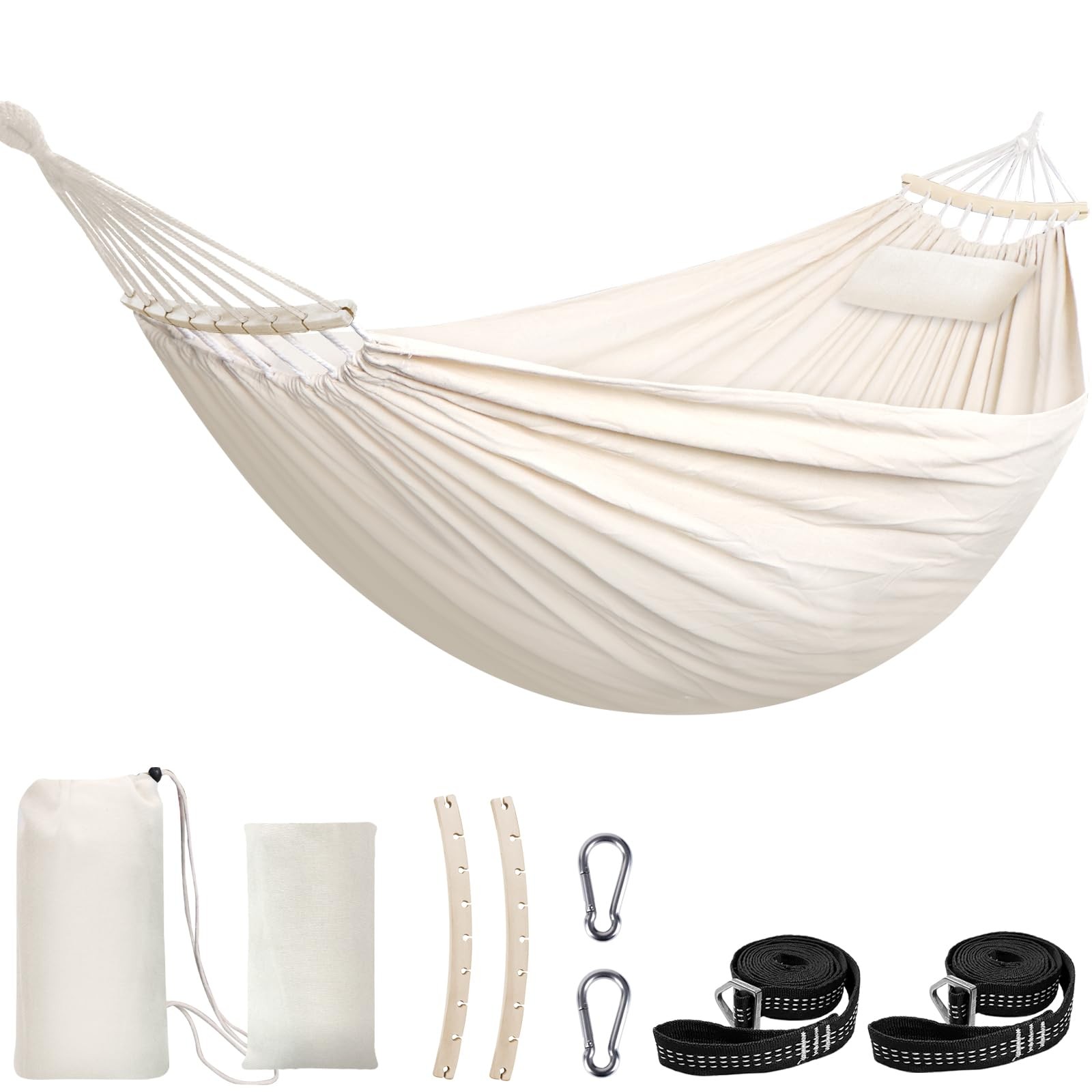 Cotton Hammock Large Soft Breathable 660lbs Detachable Spreader Bar Pillow