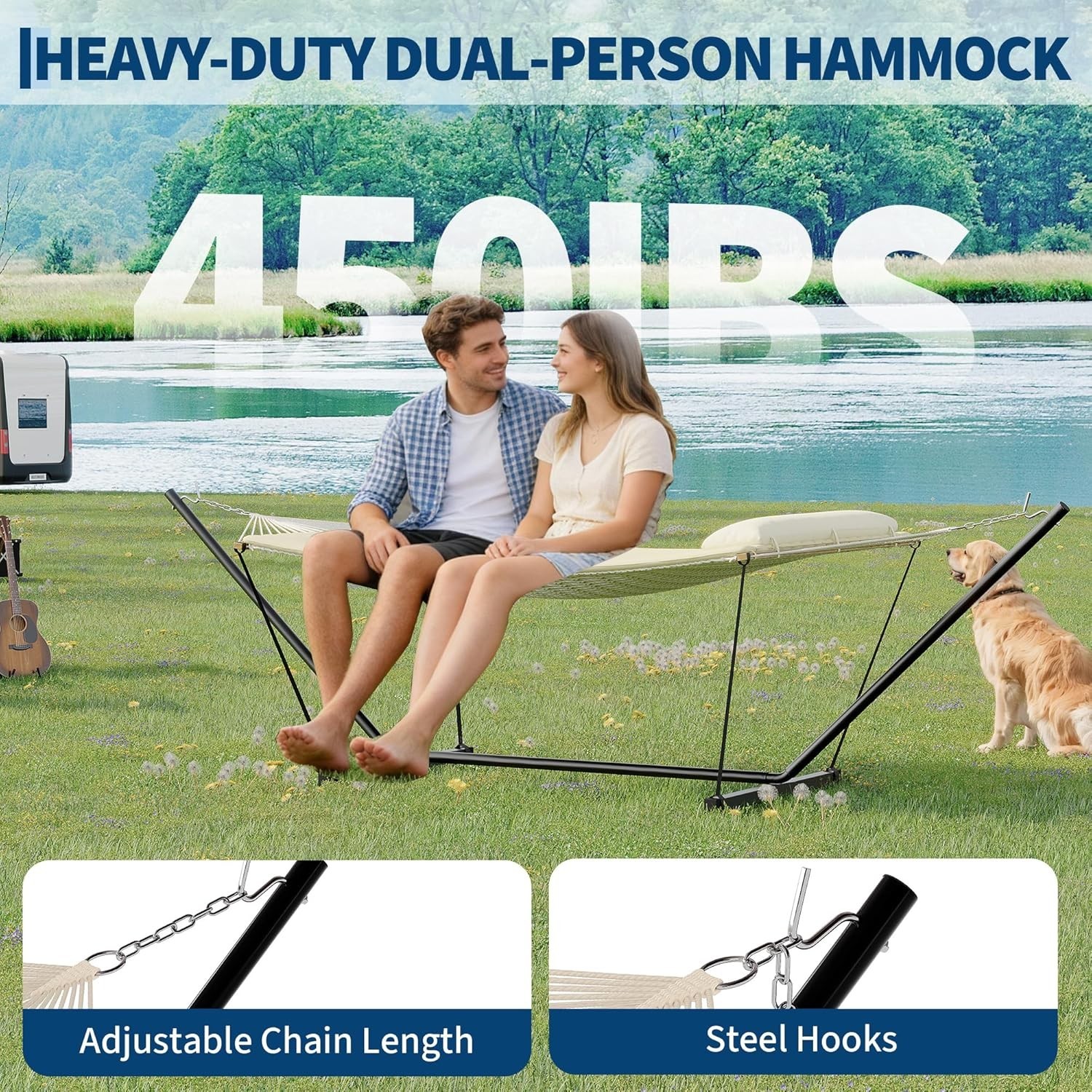 Portable Double Hammock with Stand and Pillow 2 Person Heavy Duty Outdoor