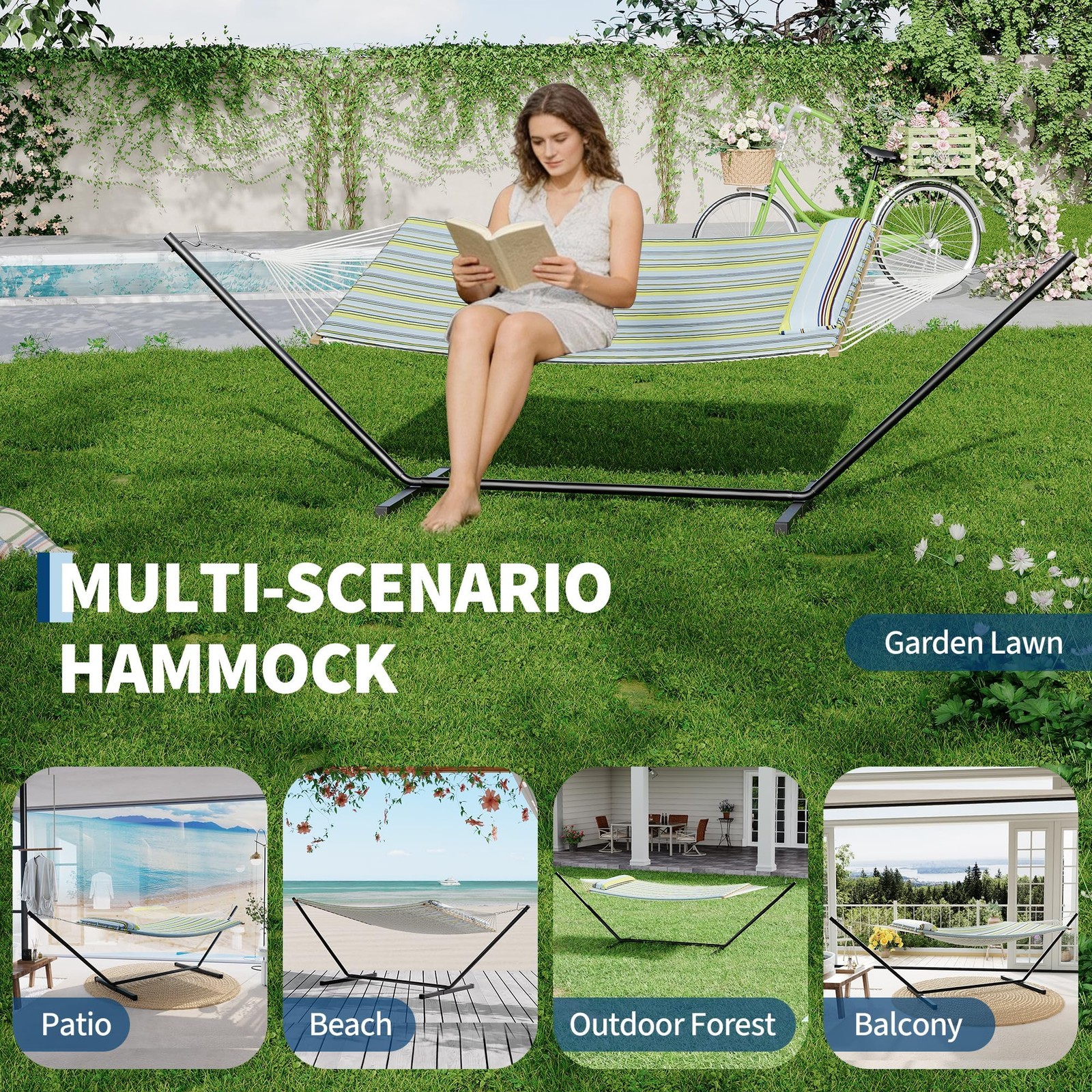 Double Hammock with Steel Stand Pillow Padded 2 Person 450Lbs Portable