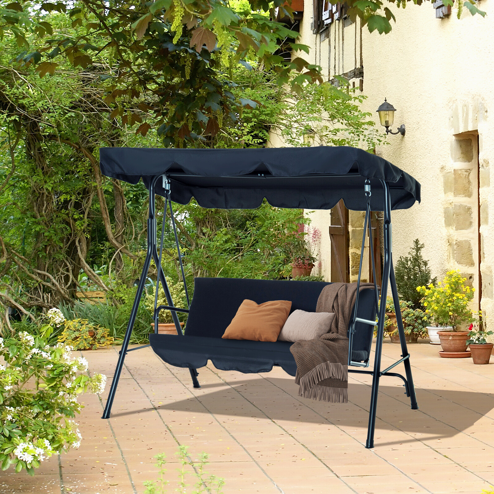 Porch Swing Hammock Bench Lounge Chair Steel 3-seat Padded Outdoor w/ Canopy