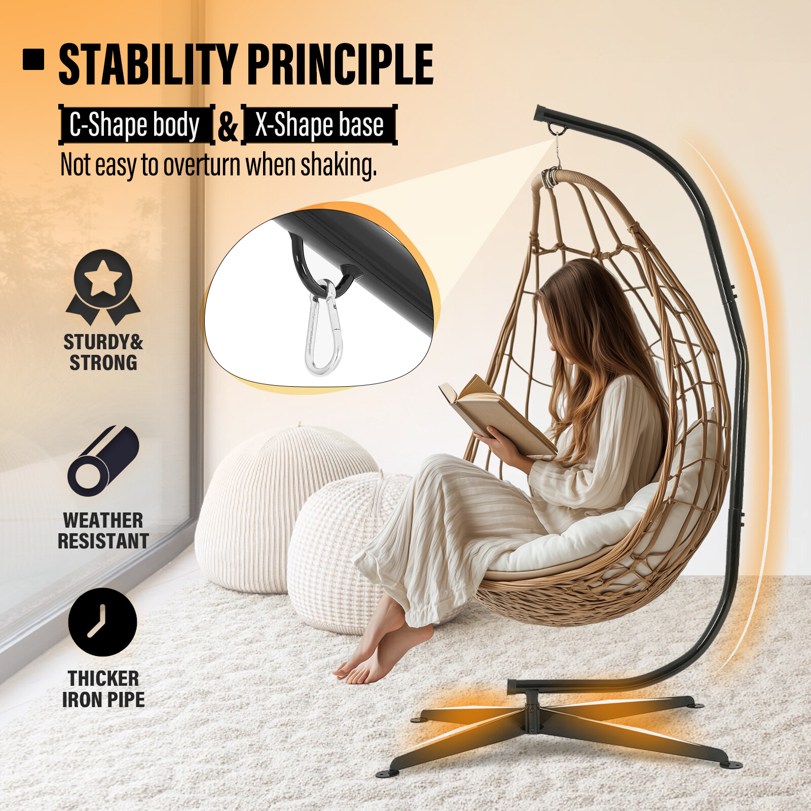 Black Steel Solid Frame Stand Hammock C Stand For Porch Swing Hammock Chair