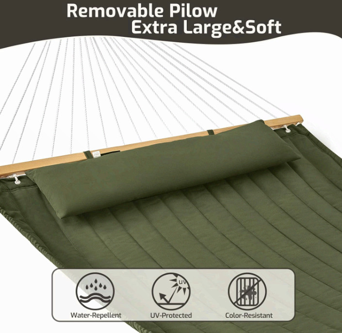 Double Quilted Hammock with Hardwood Spreader Bars & Pillow, 450LBS Green