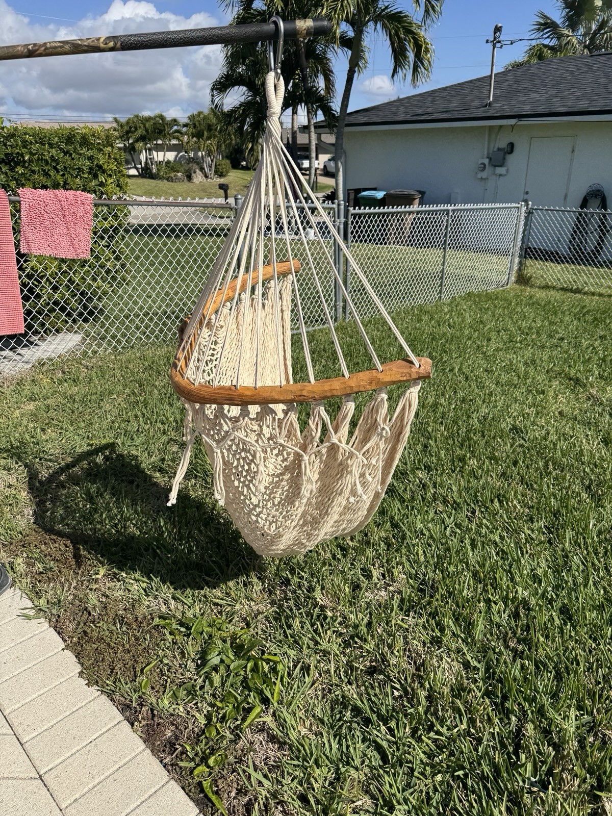 Large Heavy Duty Hand Carved Wooden Rod Frame Rope Swing Chair Fringe Bohemian