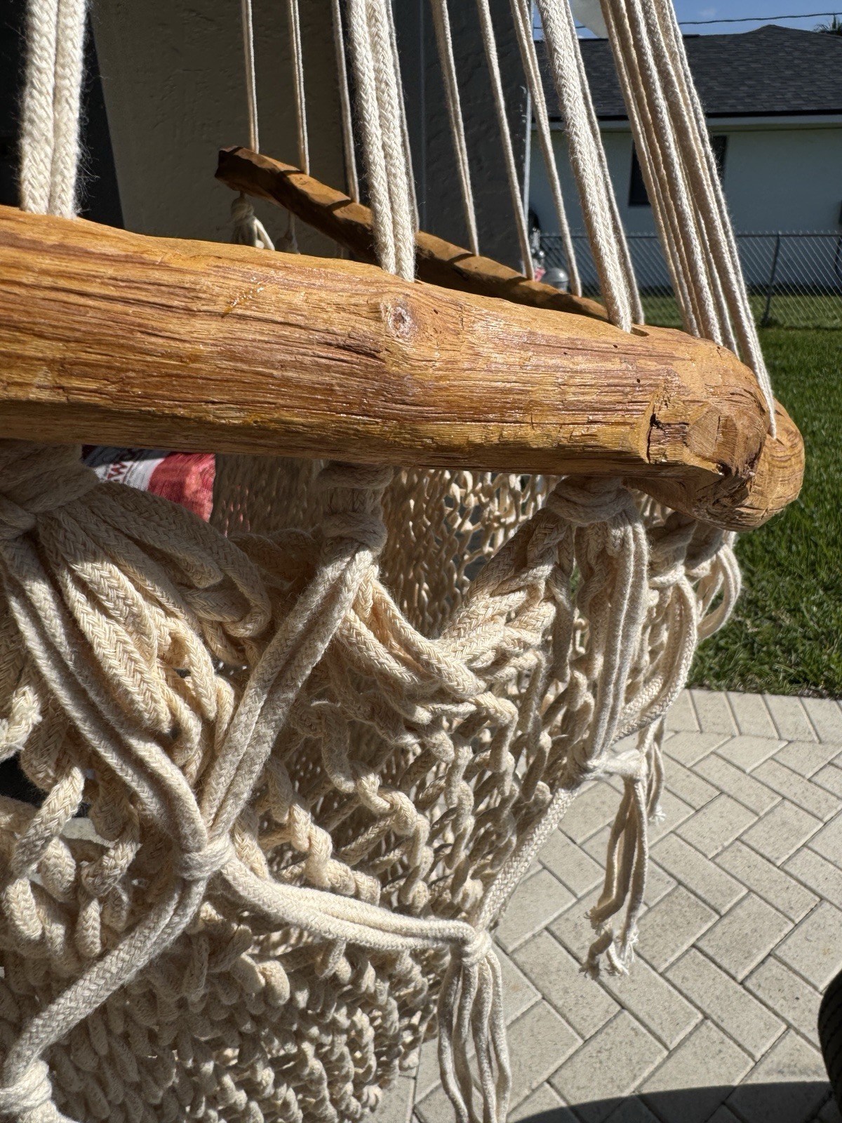 Large Heavy Duty Hand Carved Wooden Rod Frame Rope Swing Chair Fringe Bohemian