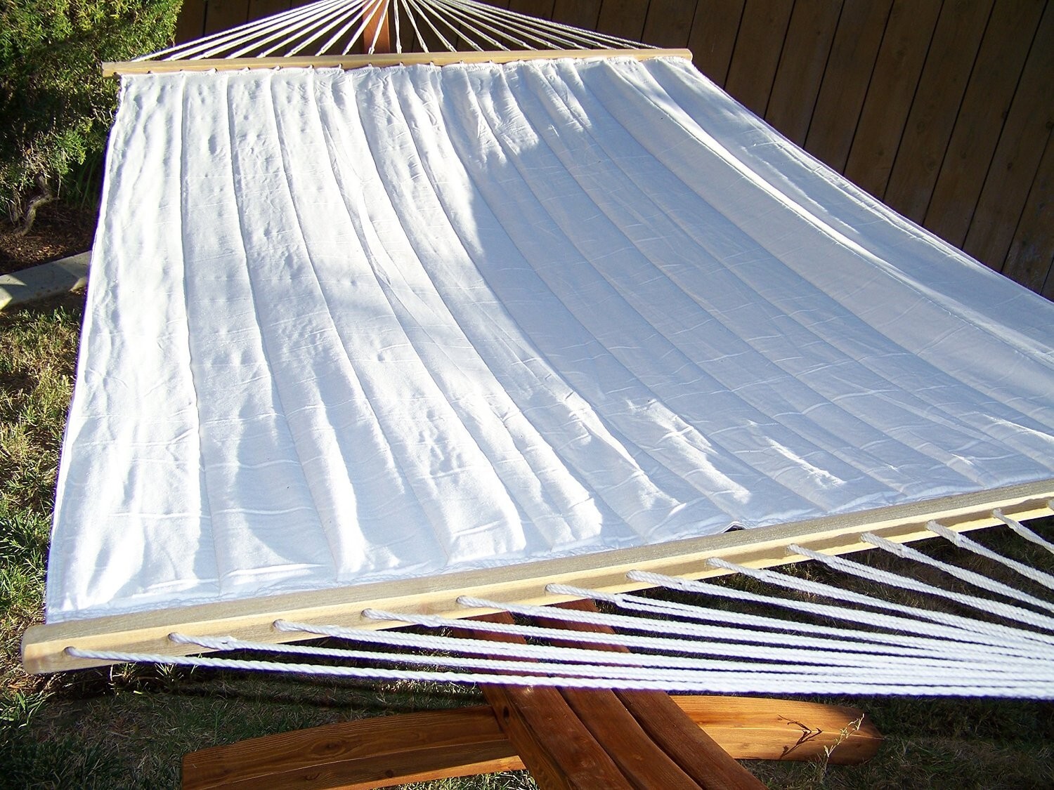14″ Teak Stain Wood Arc Hammock Stand & Quilted Beige Color Hammock Bed.