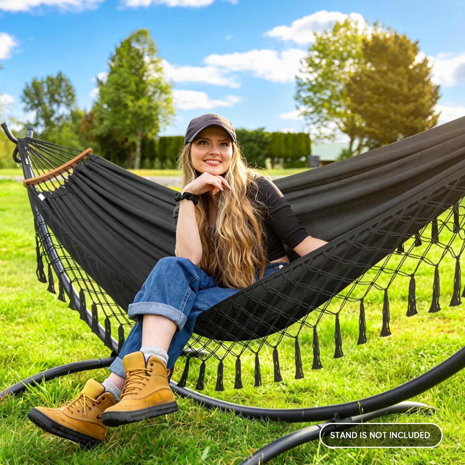 SUNCREAT Hammocks Portable Tree Hammock Swing with Spreader Dark Gray Tassel