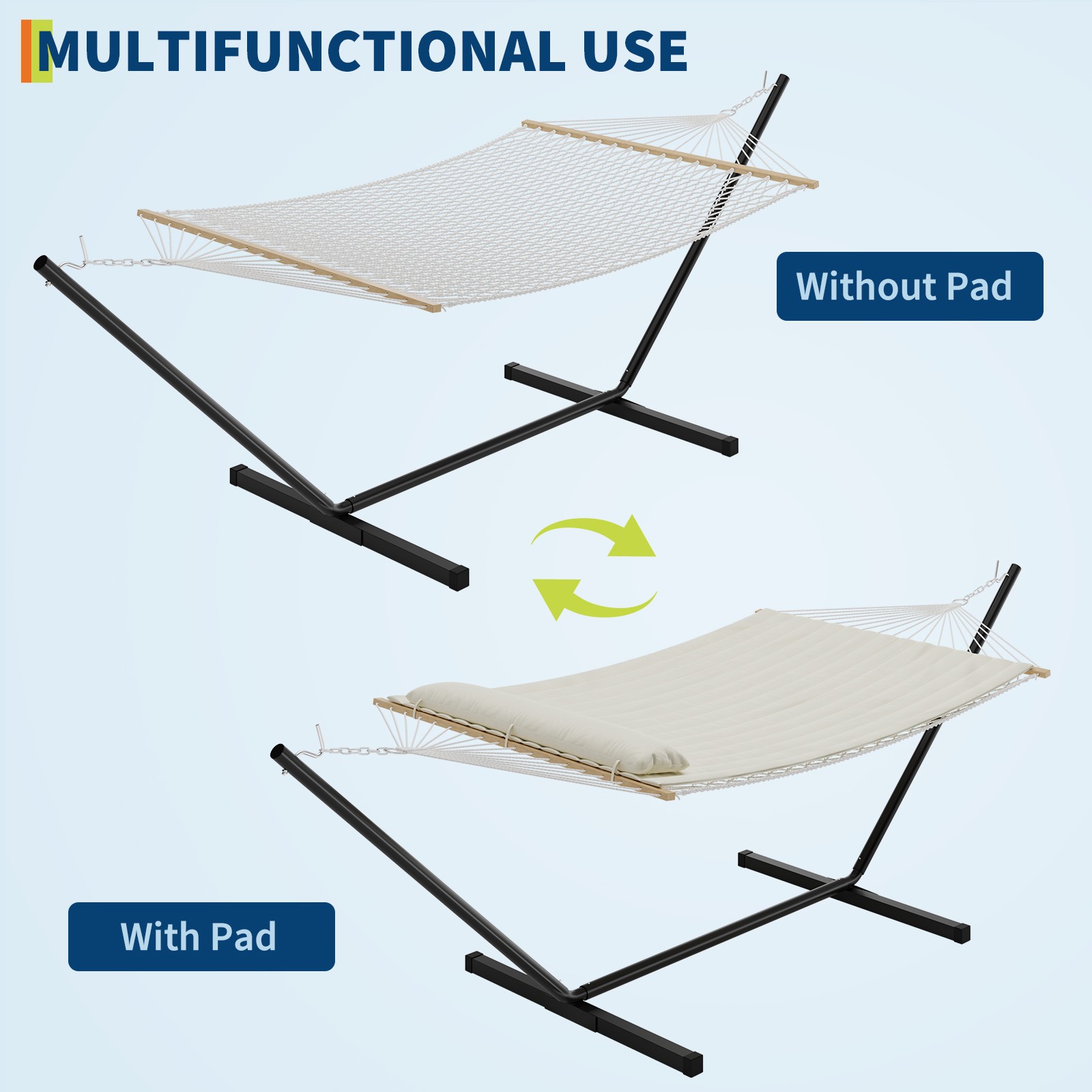 450Lbs Double Hammock with Stand, 2 Person Heavy Duty Hammock with Padded Cotton