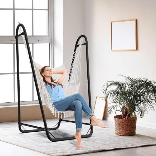 Hammock Chair with Stand,Heavy-Duty Hanging Chair with Stand, for Indoor White