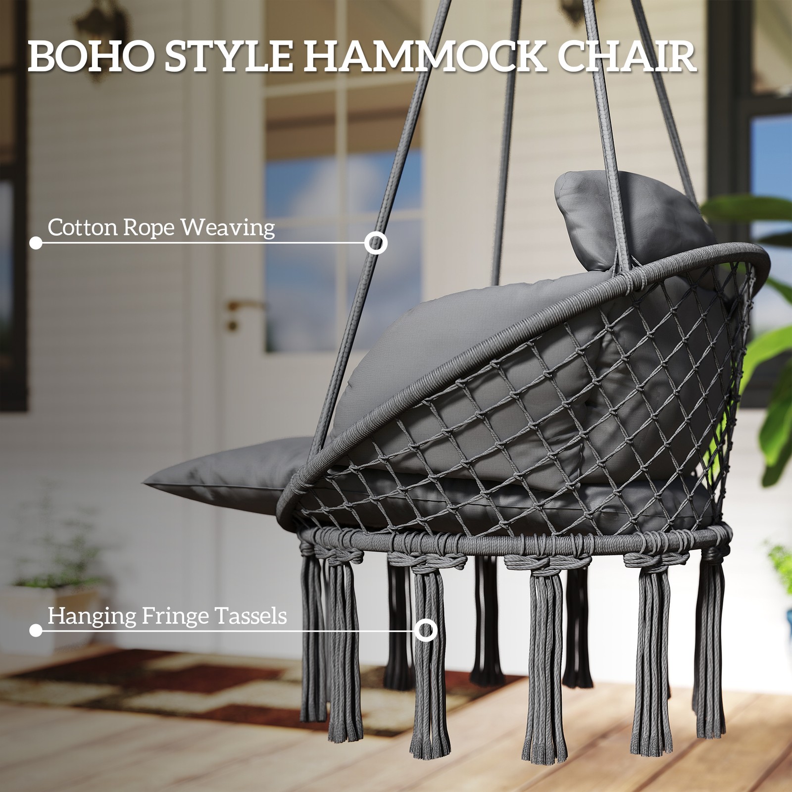 Outsunny Hanging Hammock Chair with Cushion, Macrame Swing Chair, Dark Gray
