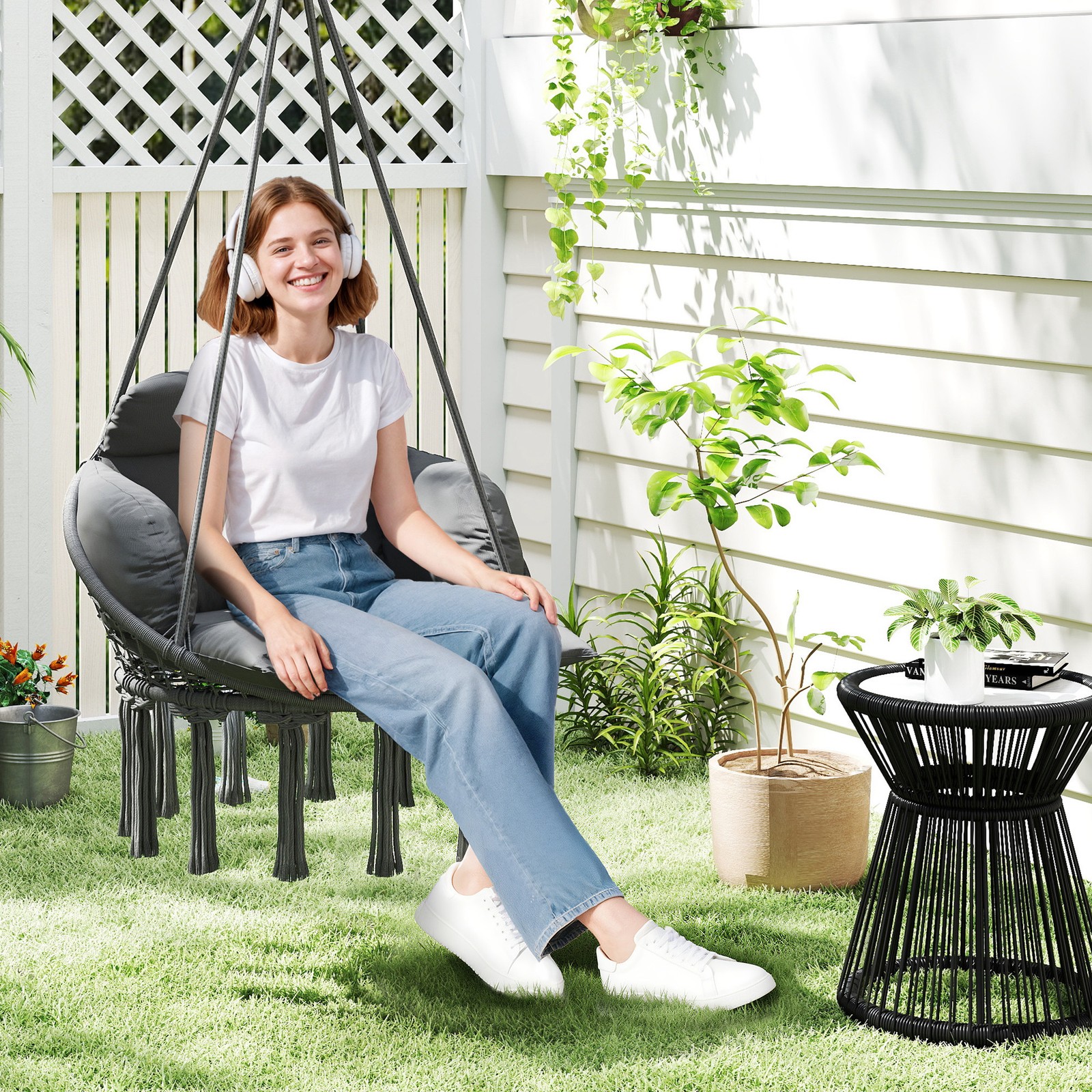 Outsunny Hanging Hammock Chair with Cushion, Macrame Swing Chair, Dark Gray