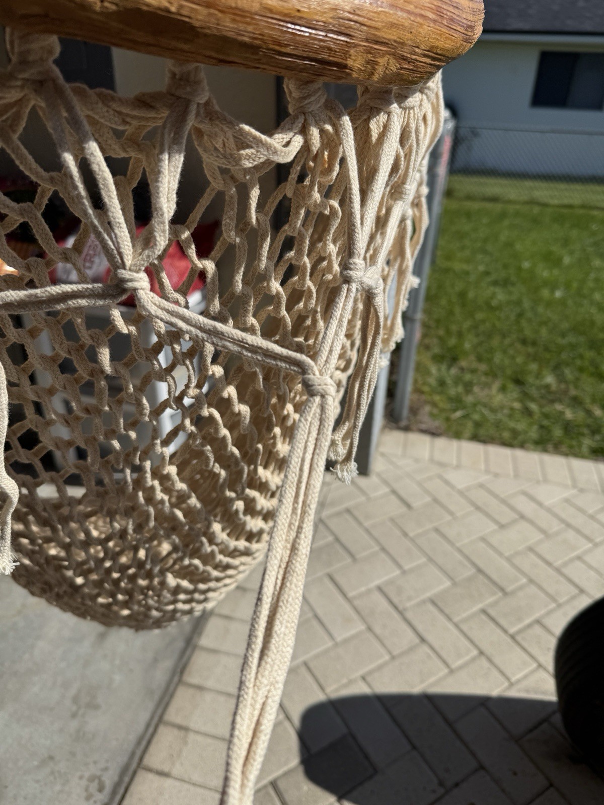 Large Heavy Duty Hand Carved Wooden Rod Frame Rope Swing Chair Fringe Bohemian