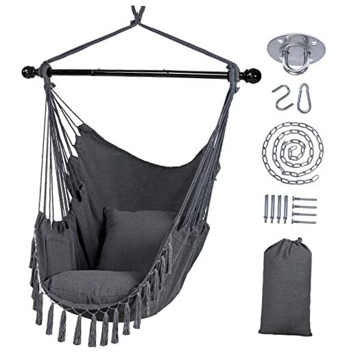 Hammock Chairs Hammock Chair Swing with Steel Support Bar, Tassel-dark Gray