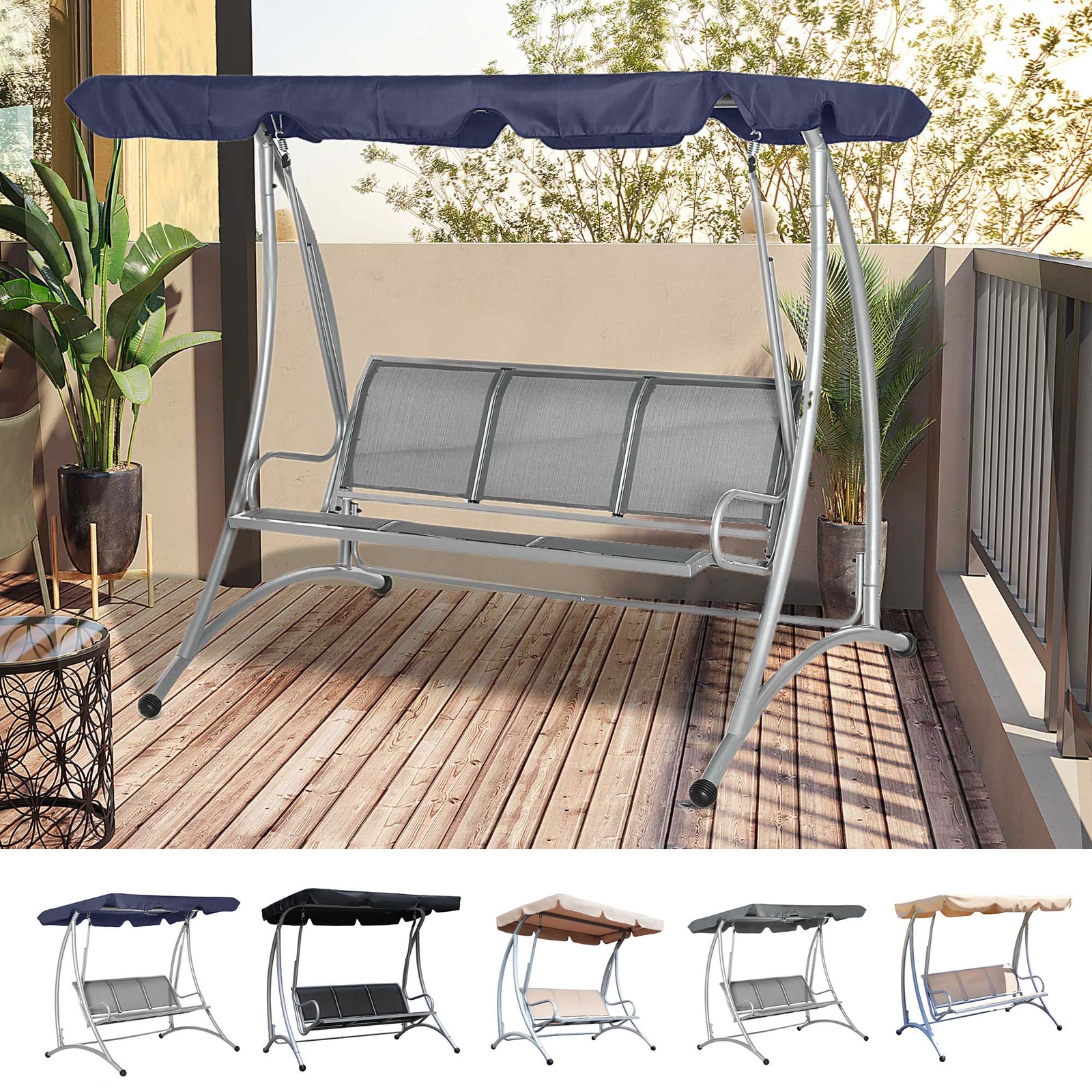 Three Person Steel Outdoor Porch Swing Chair Bench with Canopy Cover