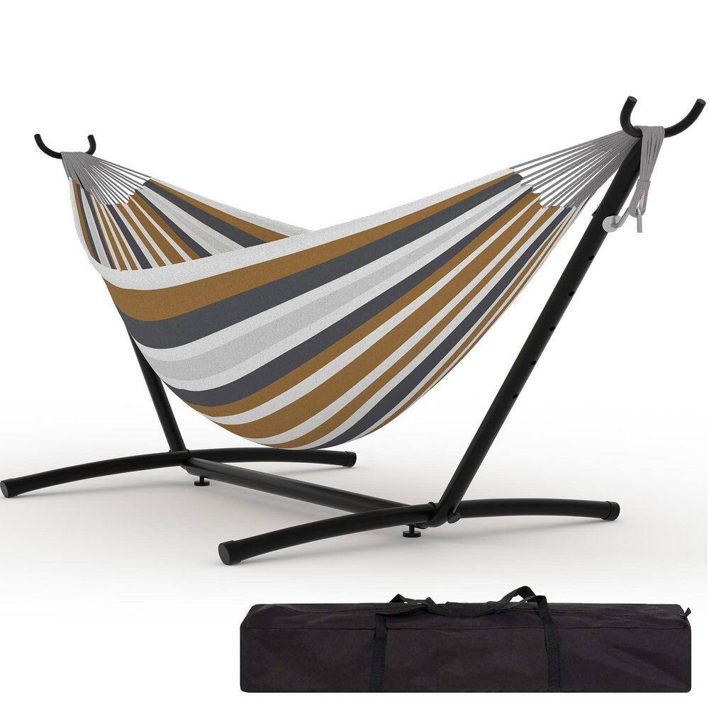 Polyester Cotton Iron Foldable Hammock with Stand for Backyard, Camping, Coffee-
