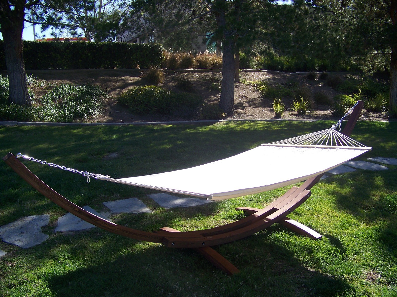 14′ Coffee Stain Wooden Arc Hammock Stand + Quilted Beige Color Hammock Bed.
