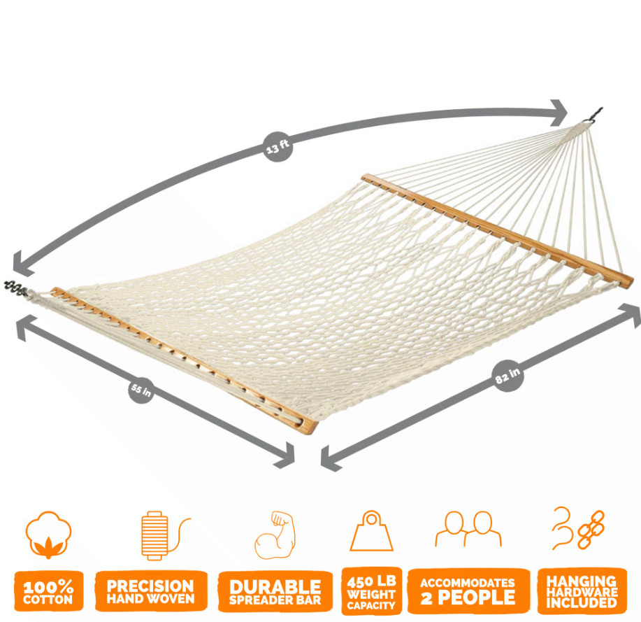 Castaway Living 13ft Double Cotton Rope Hammock w/ Chains Hooks 450lb