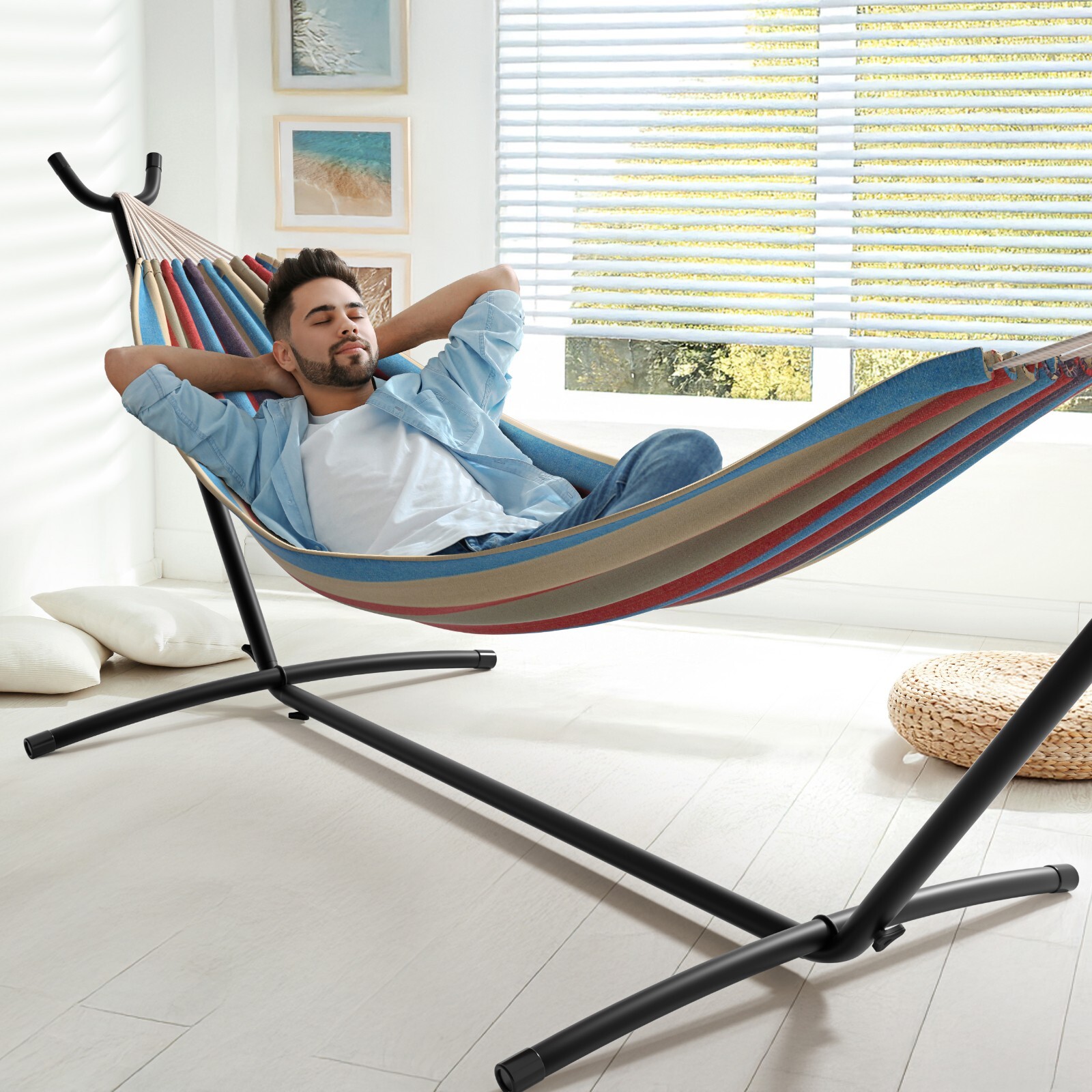 Brazilian Double Hammock with stand – Blue, Sand, Purple, Red Stripes