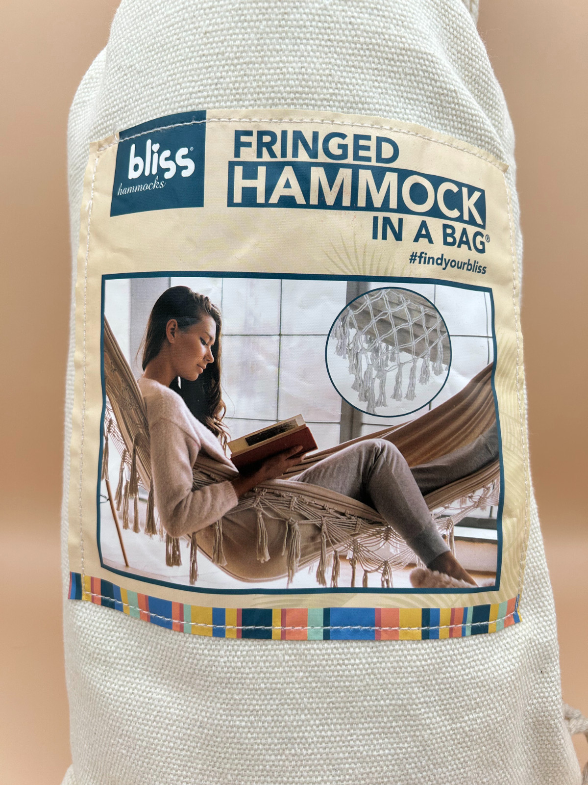 BLISS Hammocks Polyester Hand-Braided Hammock in a Bag Crochet Fringed Cream NIB
