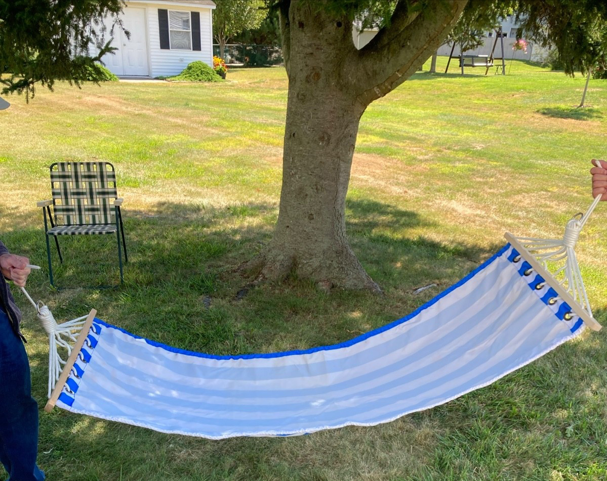 Backyard Hammock in Carry Bag Blue White Striped Polyester 67 x 24″