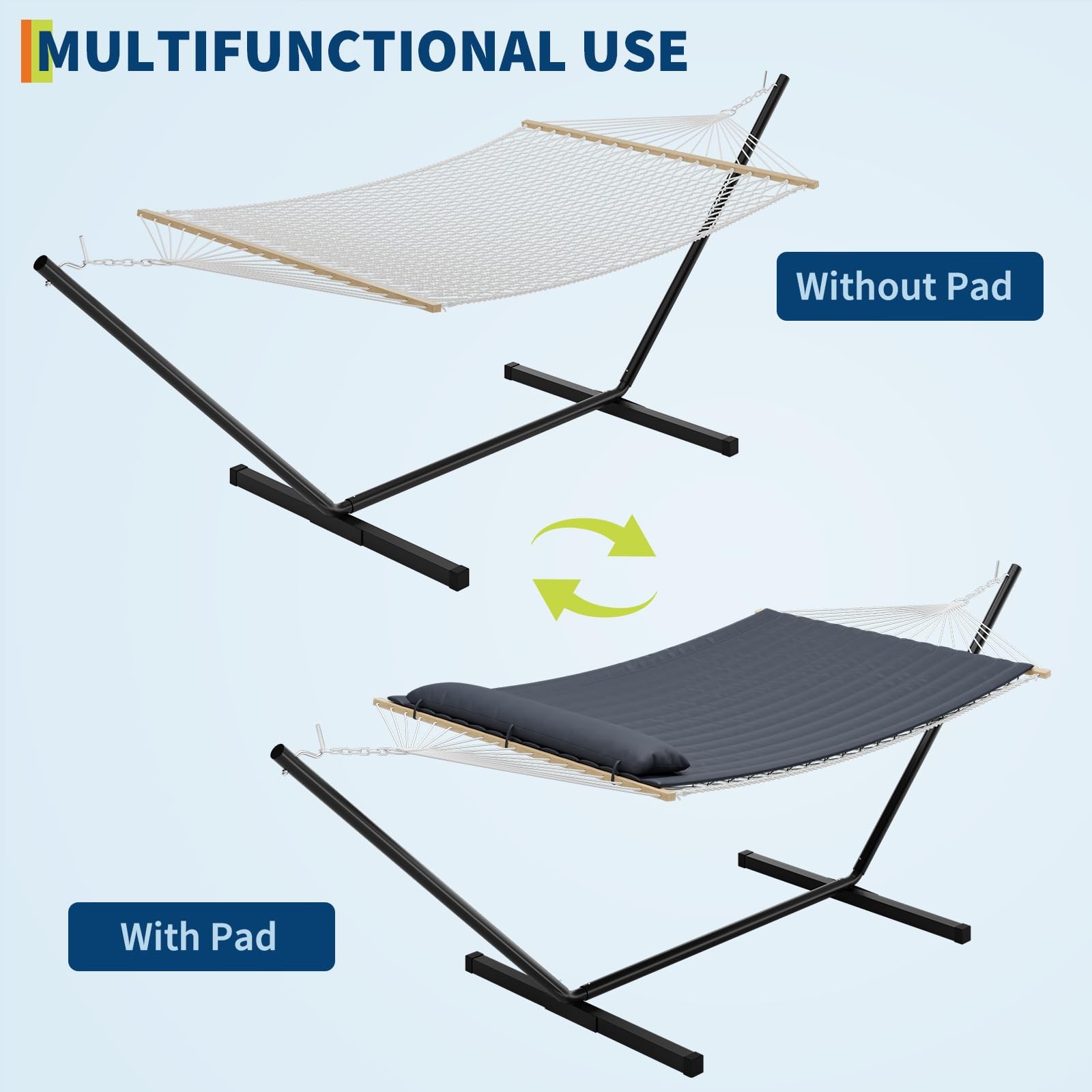 ⛳Heavy Duty Double Hammock with Stand – 450 Lbs Capacity Portable & Freestanding