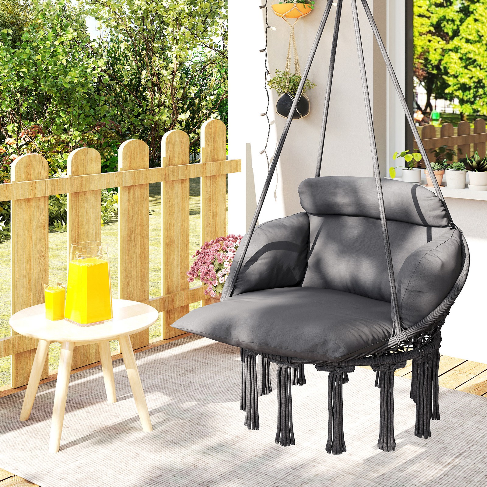 Outsunny Hanging Hammock Chair with Cushion, Macrame Swing Chair, Dark Gray