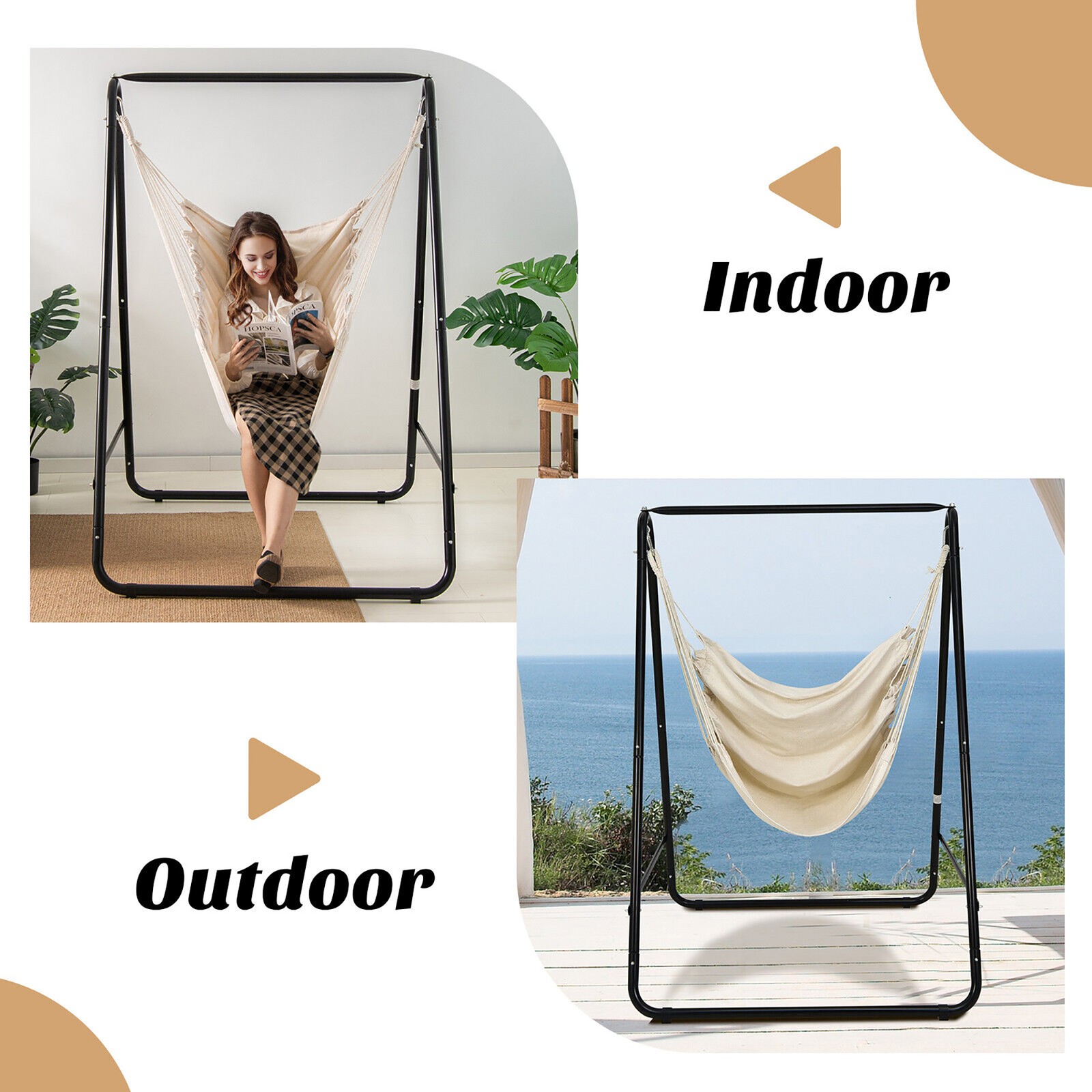 Hammock Chair Stand Hanging Padded Swing Heavy Duty Steel Outdoor Beige