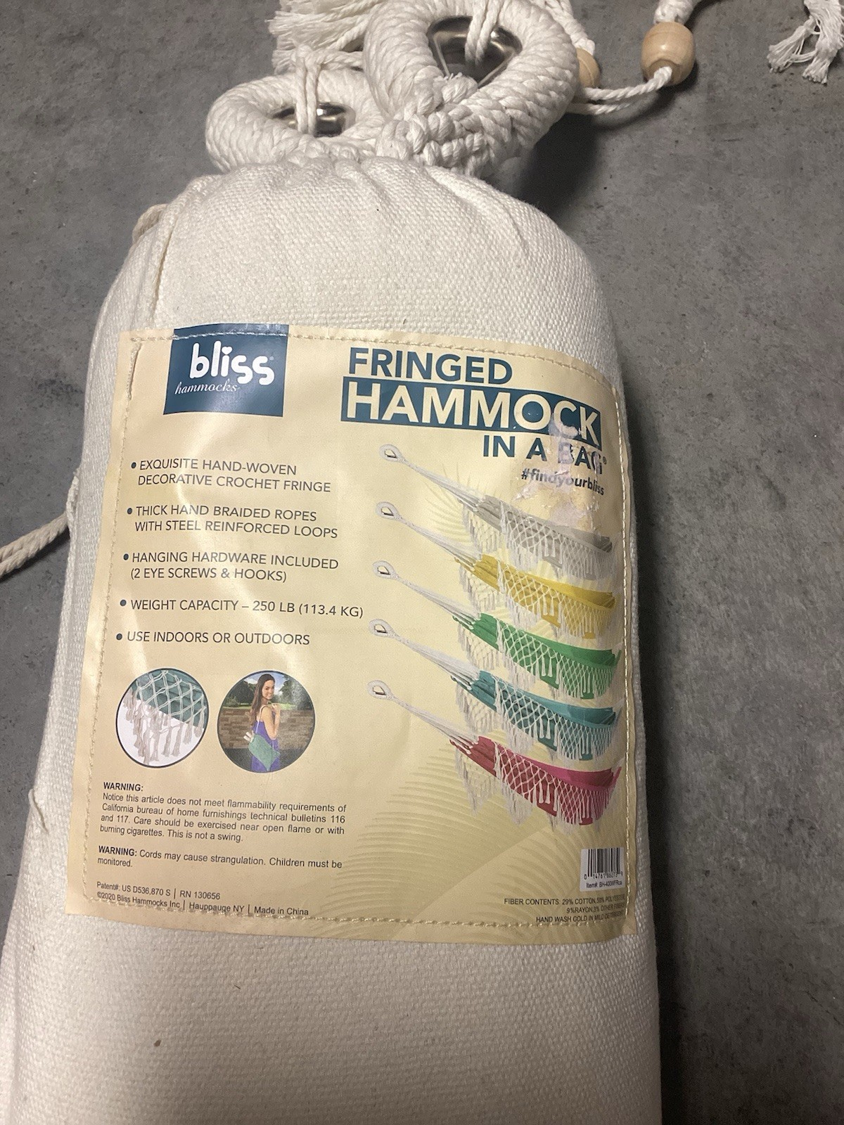 BLISS Hammocks Polyester Hand-Braided Hammock in a Bag Crochet Fringed Cream NIB