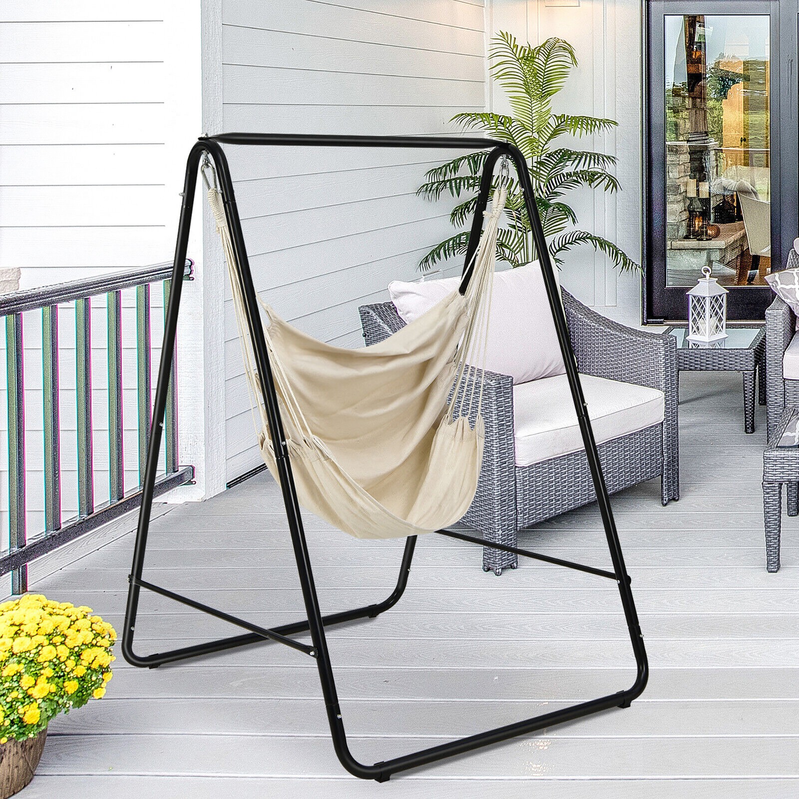 Hammock Chair Stand Hanging Padded Swing Heavy Duty Steel Outdoor Beige