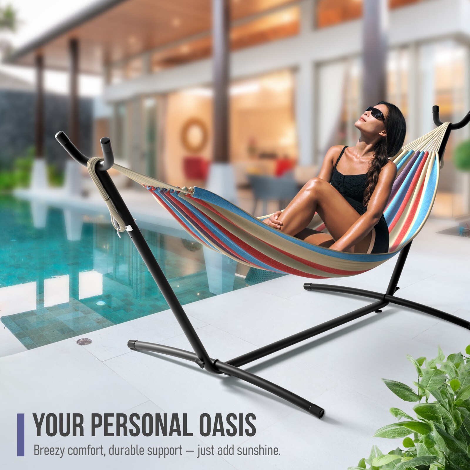 Brazilian Double Hammock with stand – Blue, Sand, Purple, Red Stripes