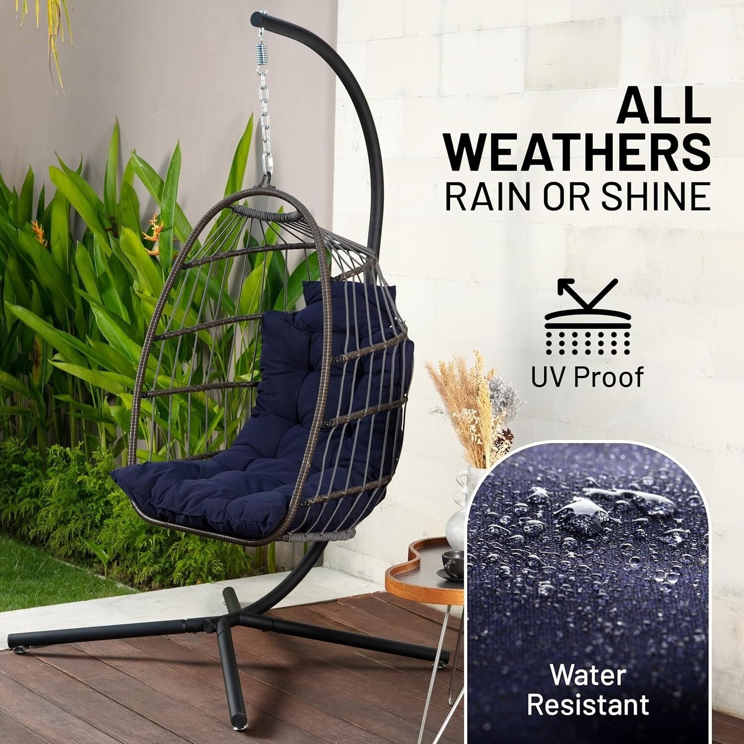 SereneLife Hanging Egg Chair with Stand – Up to 550 lbs of Capacity (Deep Blue)