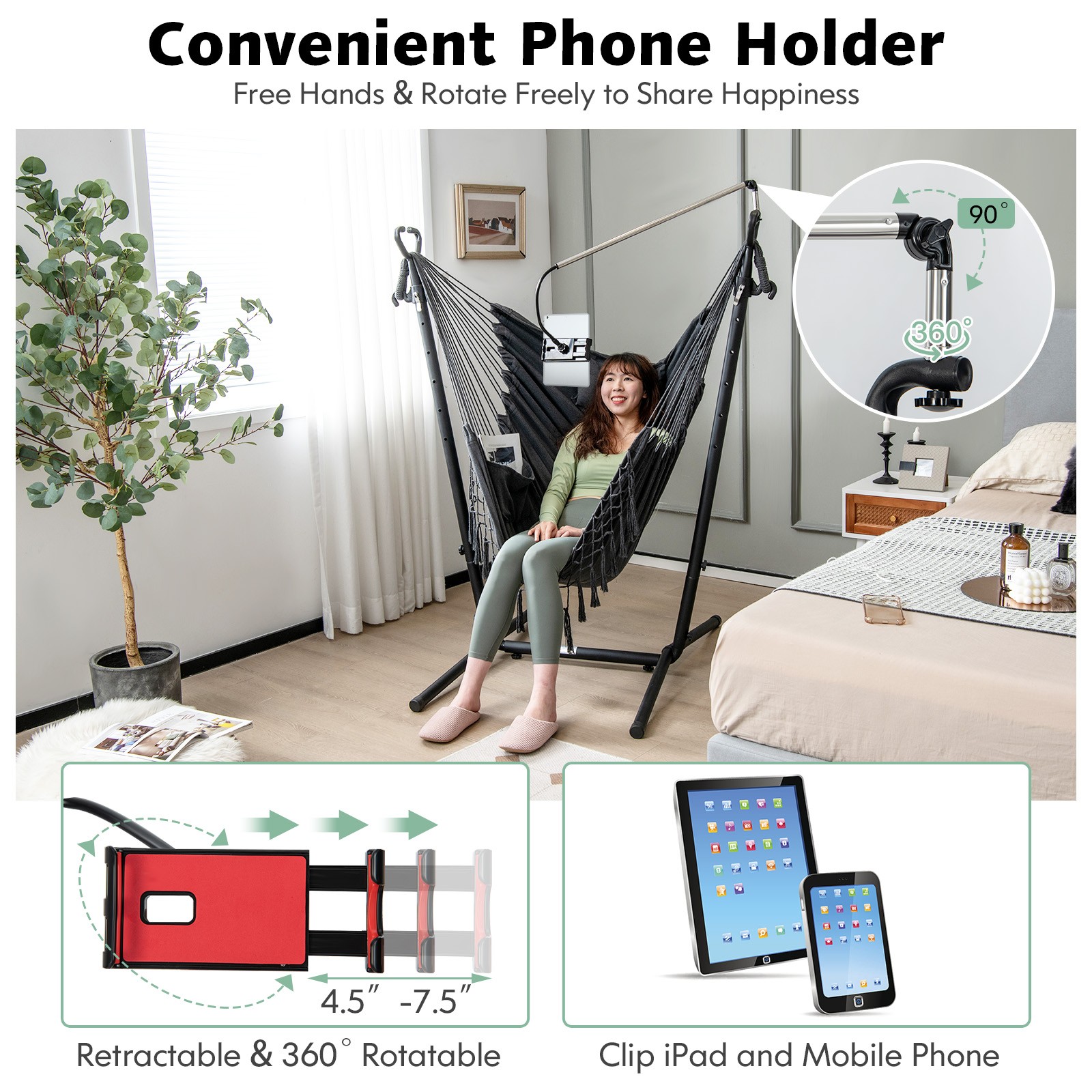 Hammock Chair with Stand Phone Holder Adjustable Swing Indoor & Outdoor Use
