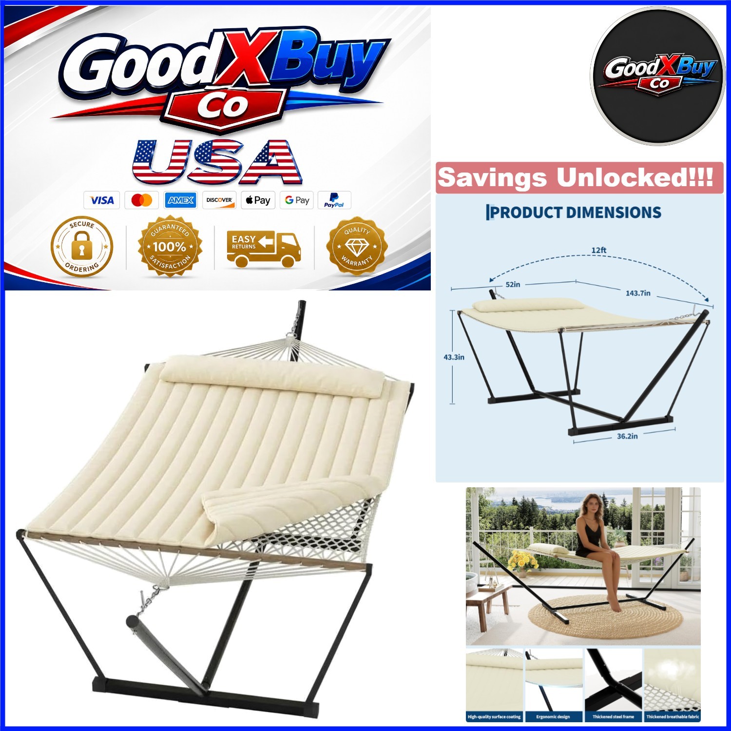 Portable Double Hammock with Stand and Pillow 2 Person Heavy Duty Outdoor