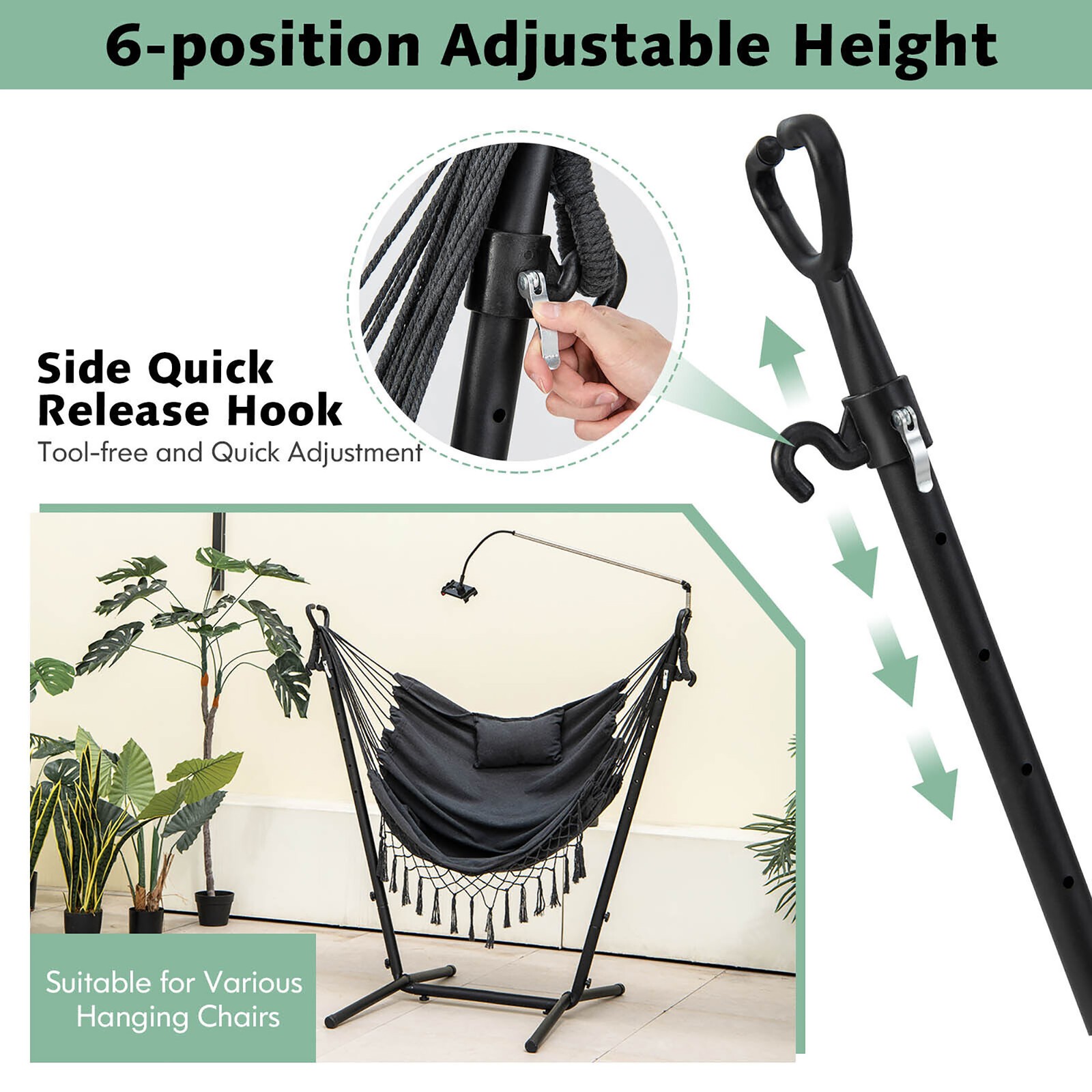 Hammock Chair with Stand Phone Holder Adjustable Swing Indoor & Outdoor Use