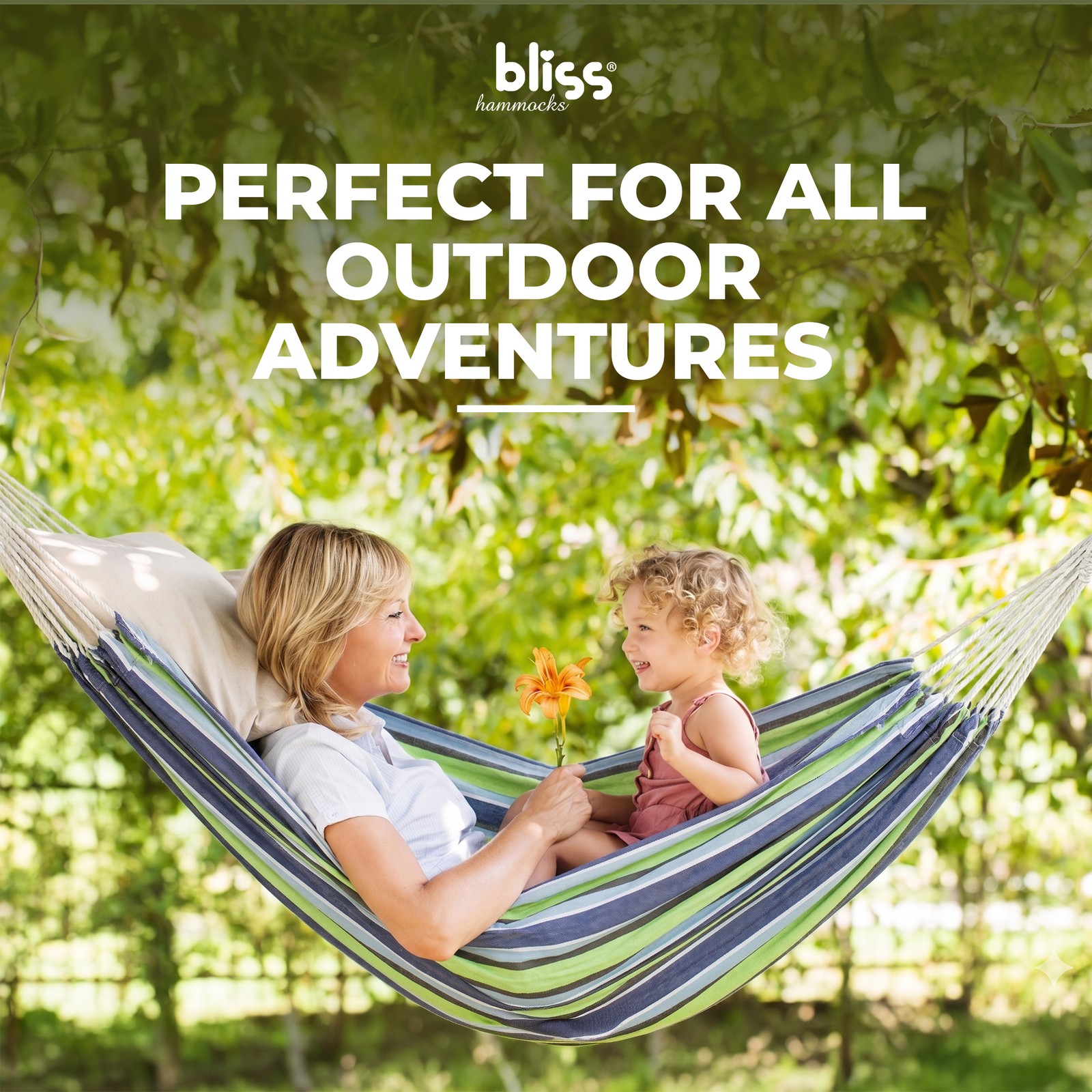 Bliss Hammocks Double Hammock with Rope Loops & Tree Straps, 265 lb, Blue Honu