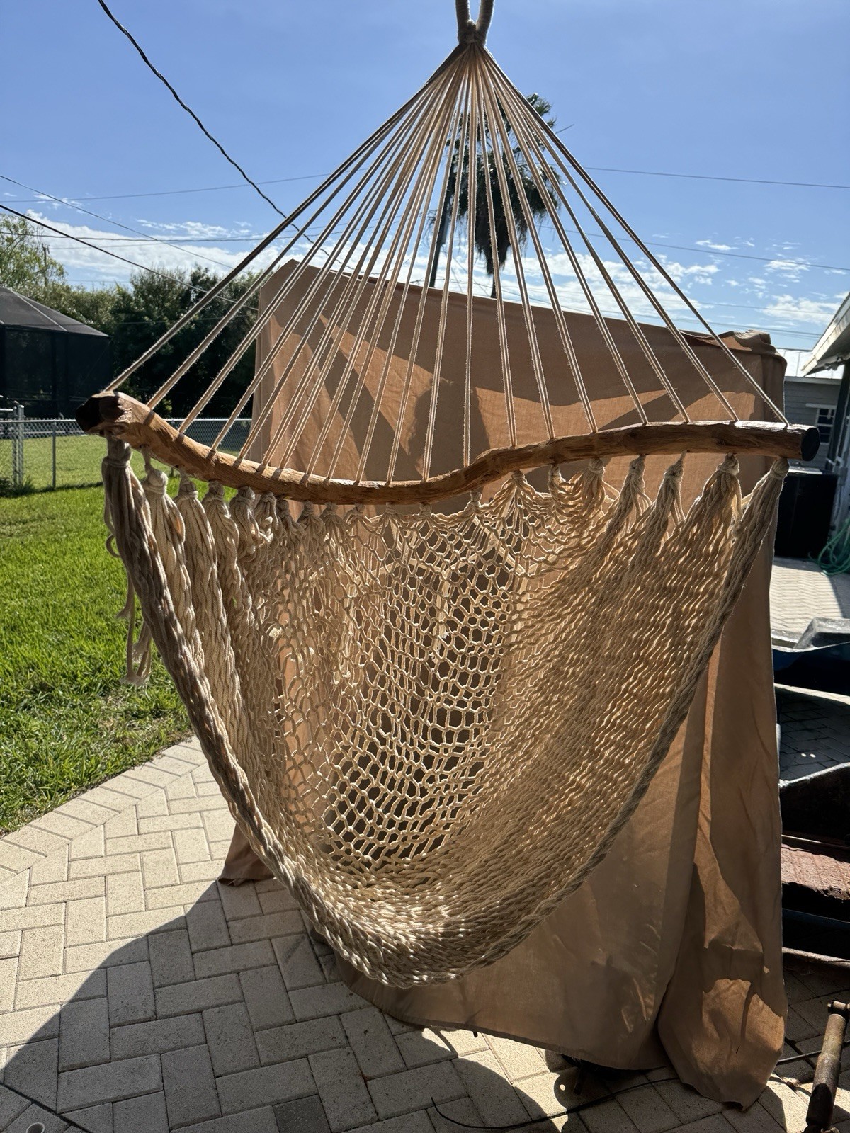 Large Heavy Duty Hand Carved Wooden Rod Frame Rope Swing Chair Fringe Bohemian