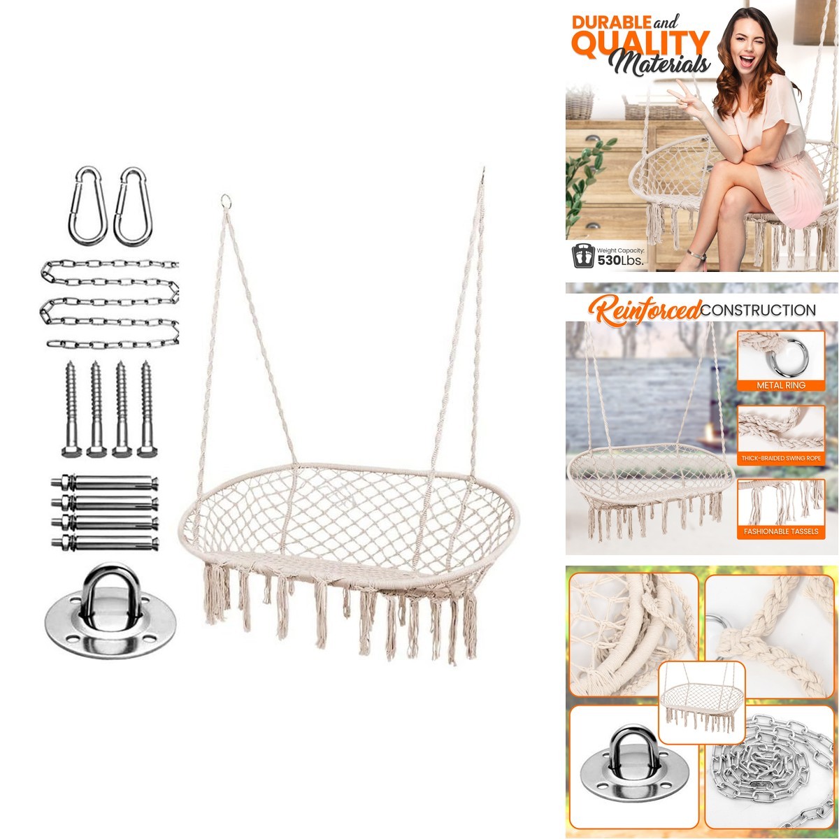 Serenelifehome Hammock Chair Hanging Rope Swing Double Macrame Cotton Woven