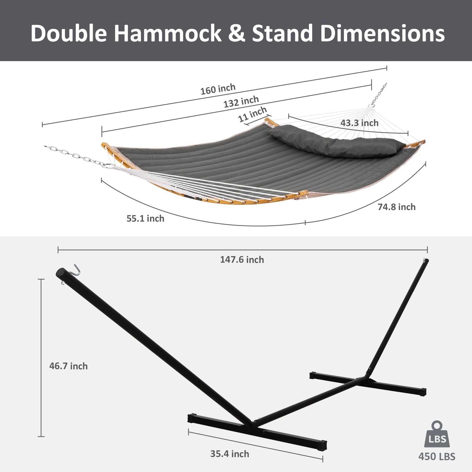 SUNCREAT Double Portable Hammock with Stand, 2 Person Dark Gray