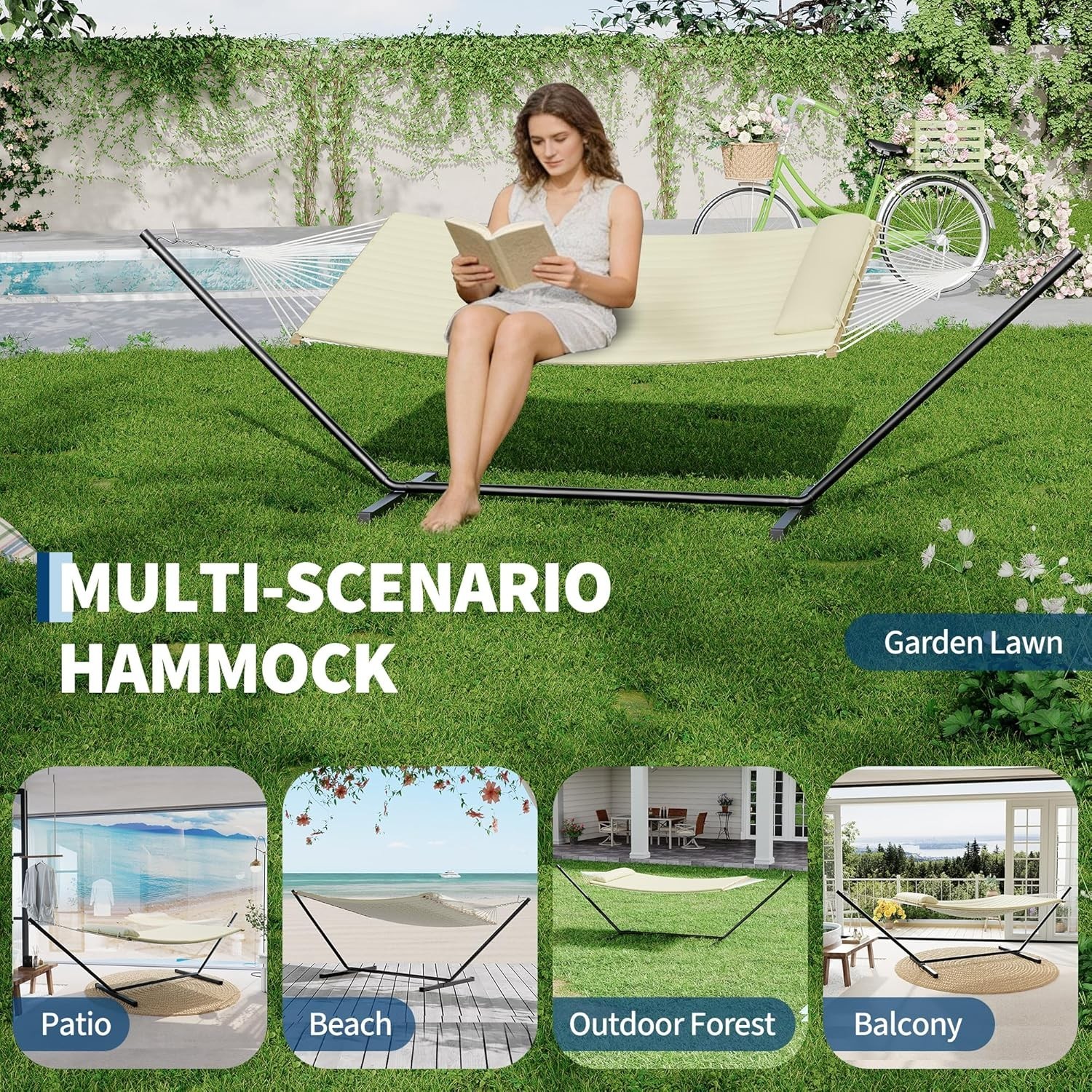 Portable Double Hammock with Stand and Pillow 2 Person Heavy Duty Outdoor