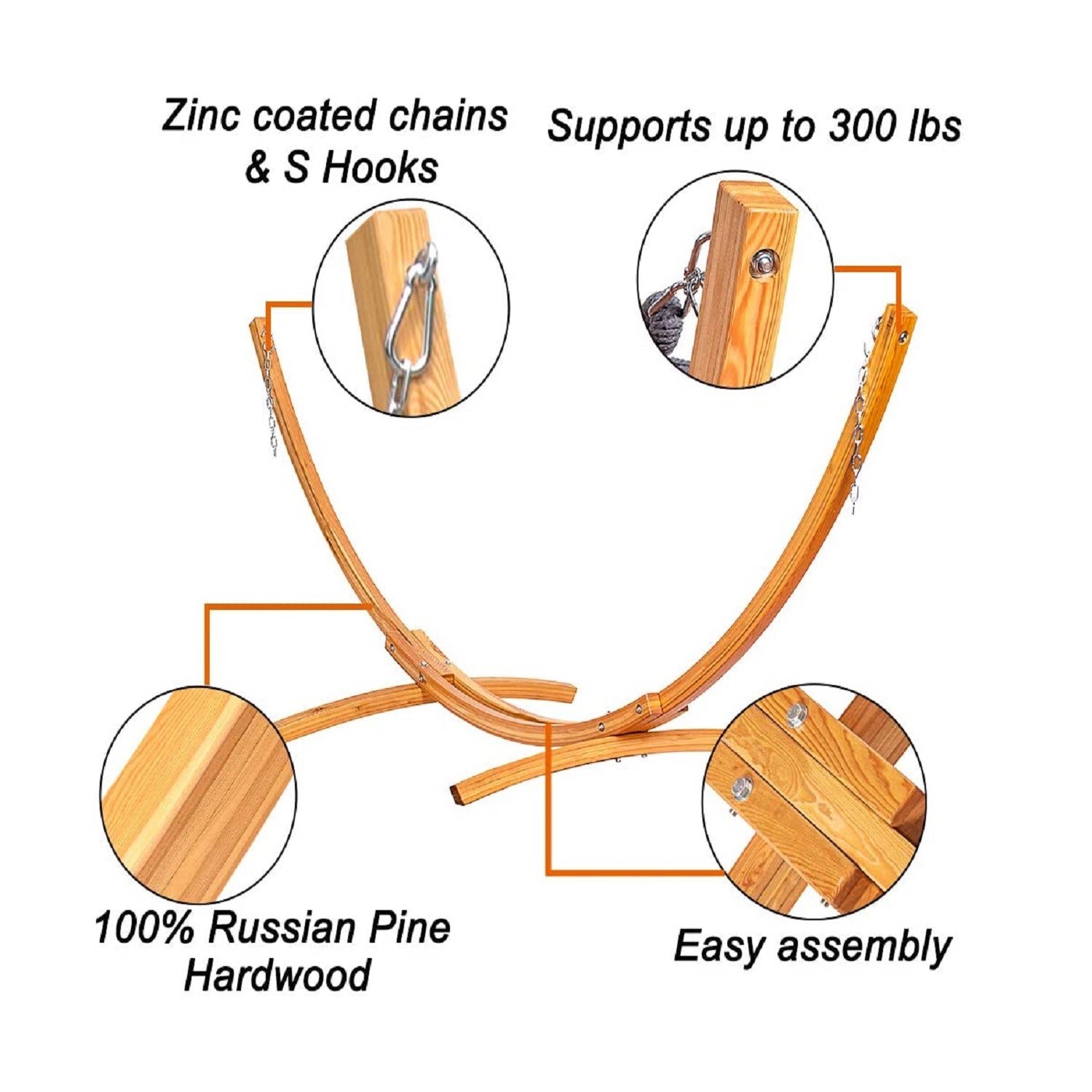 10 Feet Russian Pine Hardwood Arc Frame Hammock Stand with Hooks and Chains