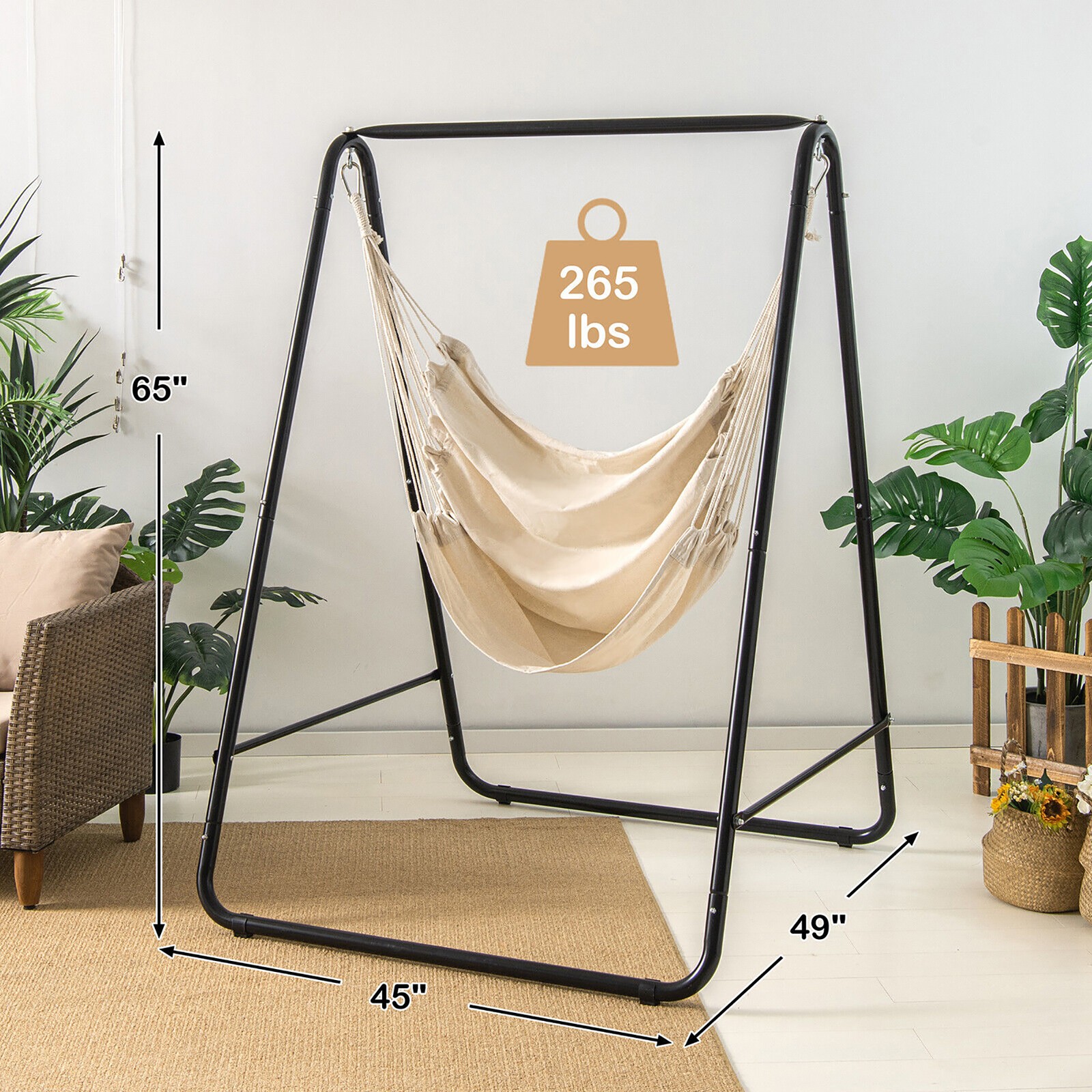 Hammock Chair Stand Hanging Padded Swing Heavy Duty Steel Outdoor Beige