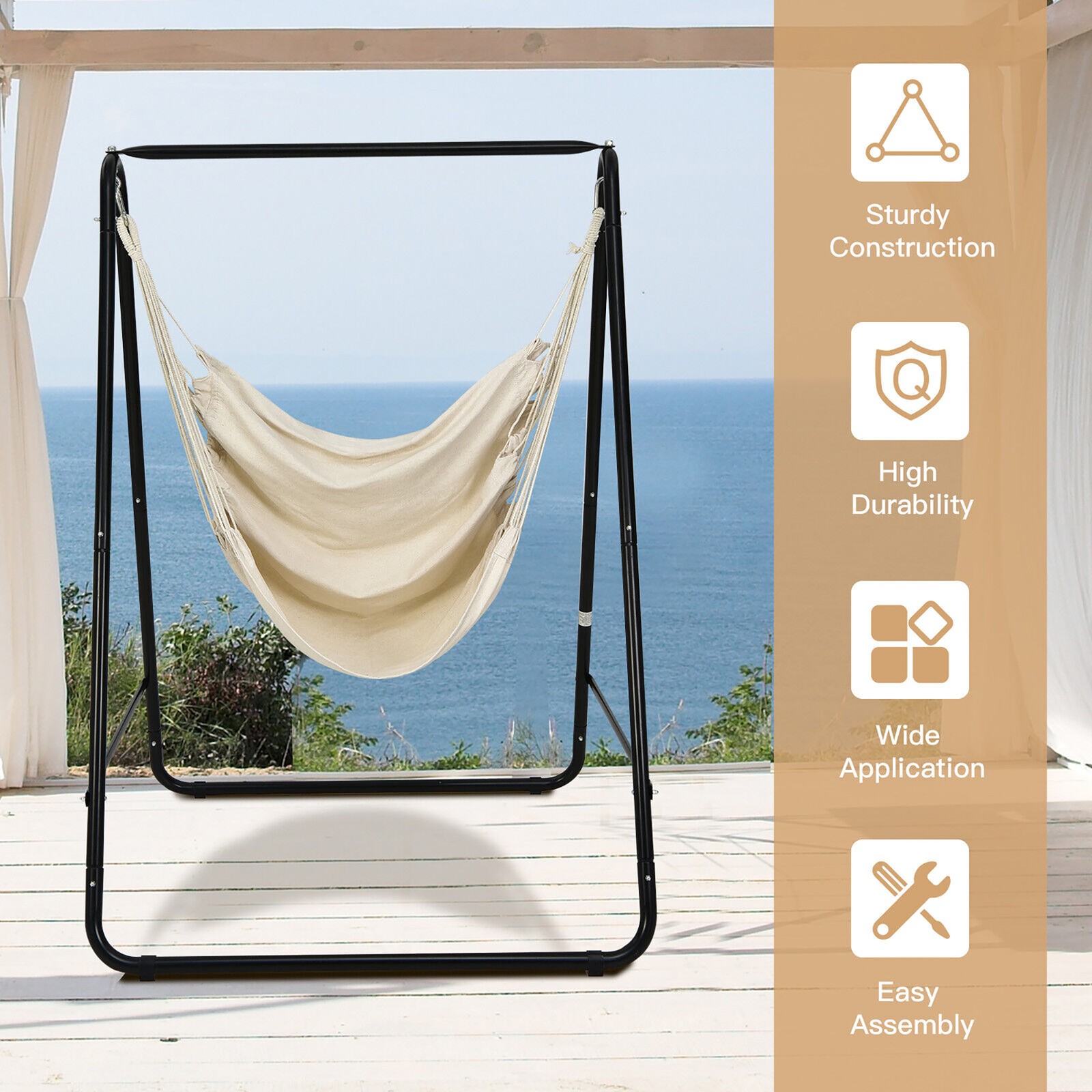 Hammock Chair Stand Hanging Padded Swing Heavy Duty Steel Outdoor Beige
