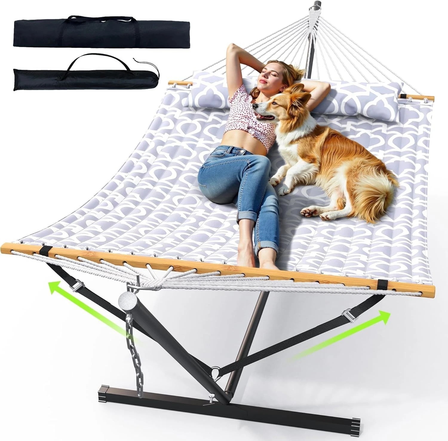 Double Hammock with Stand for Outdoor, Heavy Duty Portable Hammock with Adjus…