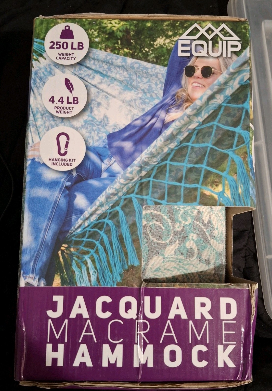 EQUIP Jacquard Macrame Hammock 81″ x 59″ Max 250lb Teal Gray White Leaf Pattern