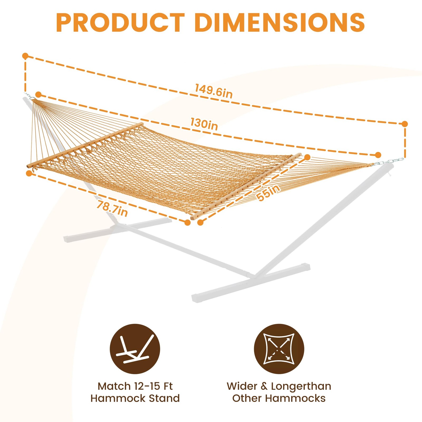Double Rope Hammock 2 Person Hand Woven Cotton with Spreader Bar Tan Max 450 Lbs