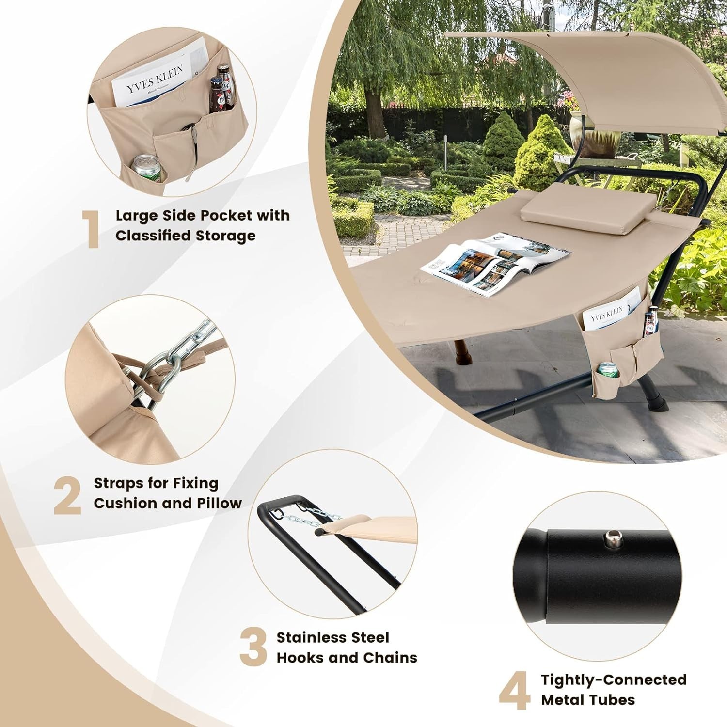 Outdoor Hammock Bed with Stand Heavy Duty Adjustable Sunshade Pillow Storage Poc