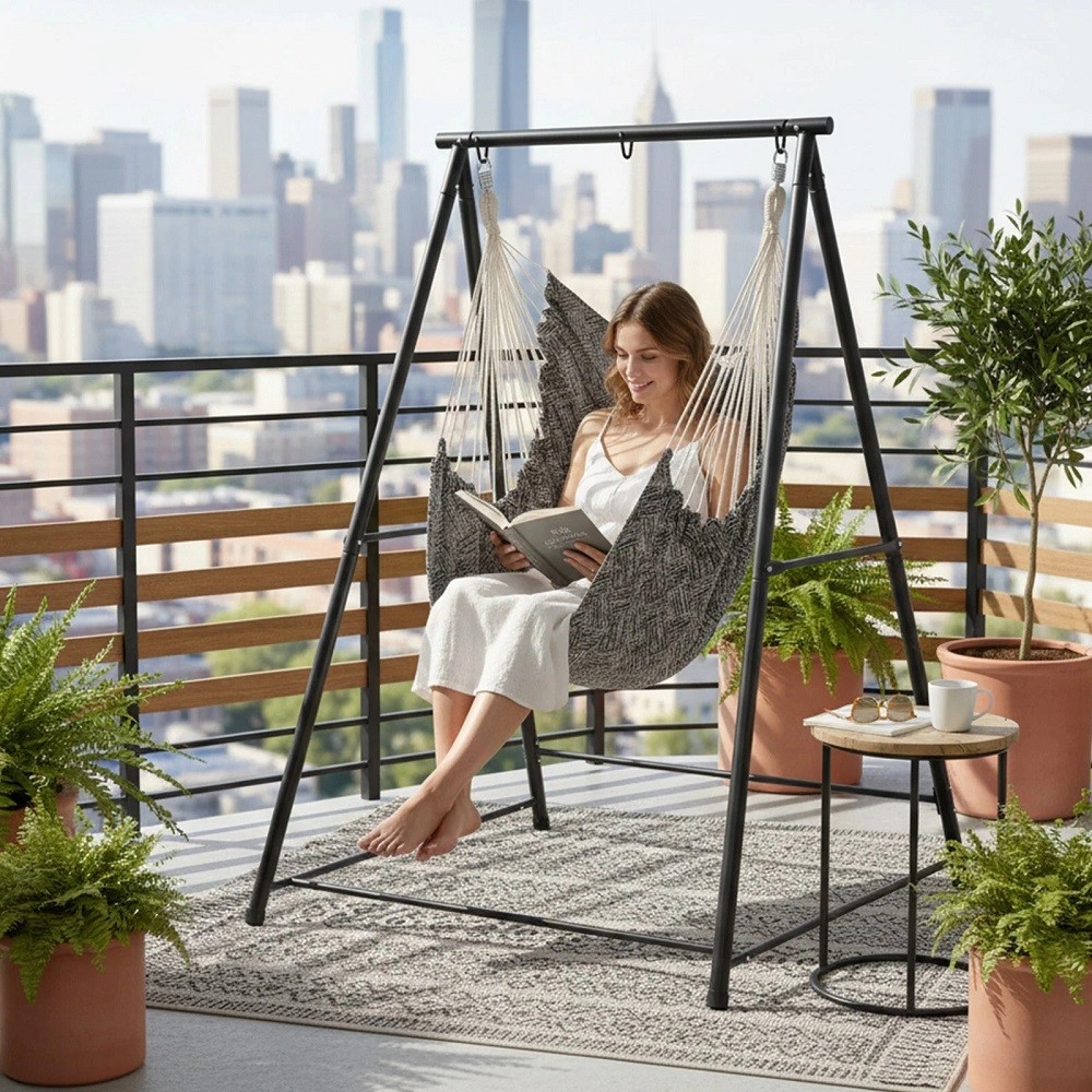 Hammock Chair with Stand Set Hanging Swing Chair Iron Frame Indoor Outdoor Black