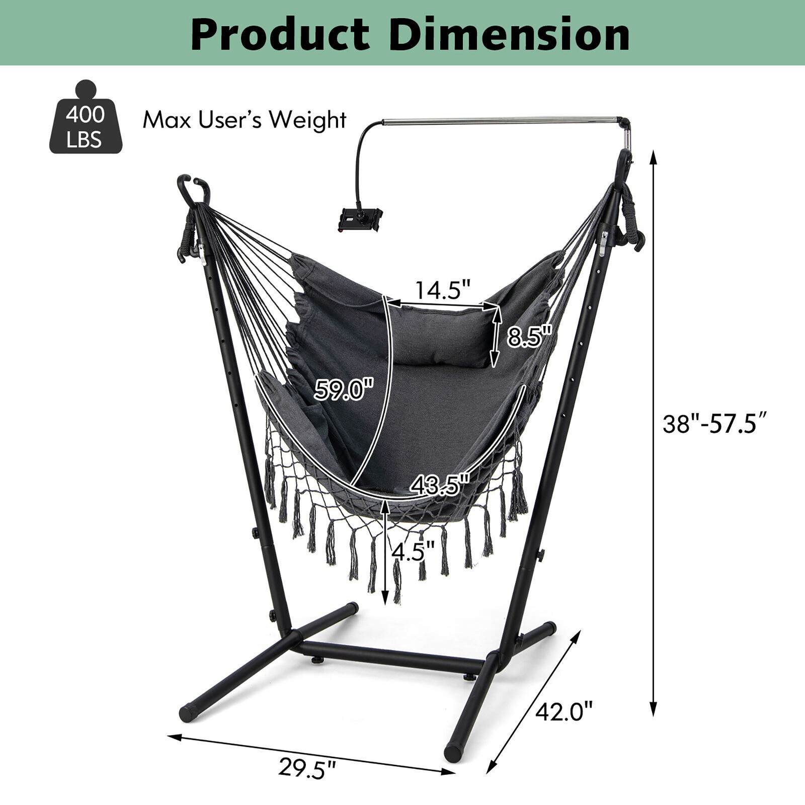 Hammock Chair with Stand Phone Holder Adjustable Swing Indoor & Outdoor Use